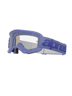 Alpinestars Vision 5 Wordmark Goggles, óculos de motocross, armação roxa clara com lente transparente, correia roxa com logótipo azul escuro, design A-FLEX ventilado, espuma facial de várias camadas, proteção ocular para todo-o-terreno