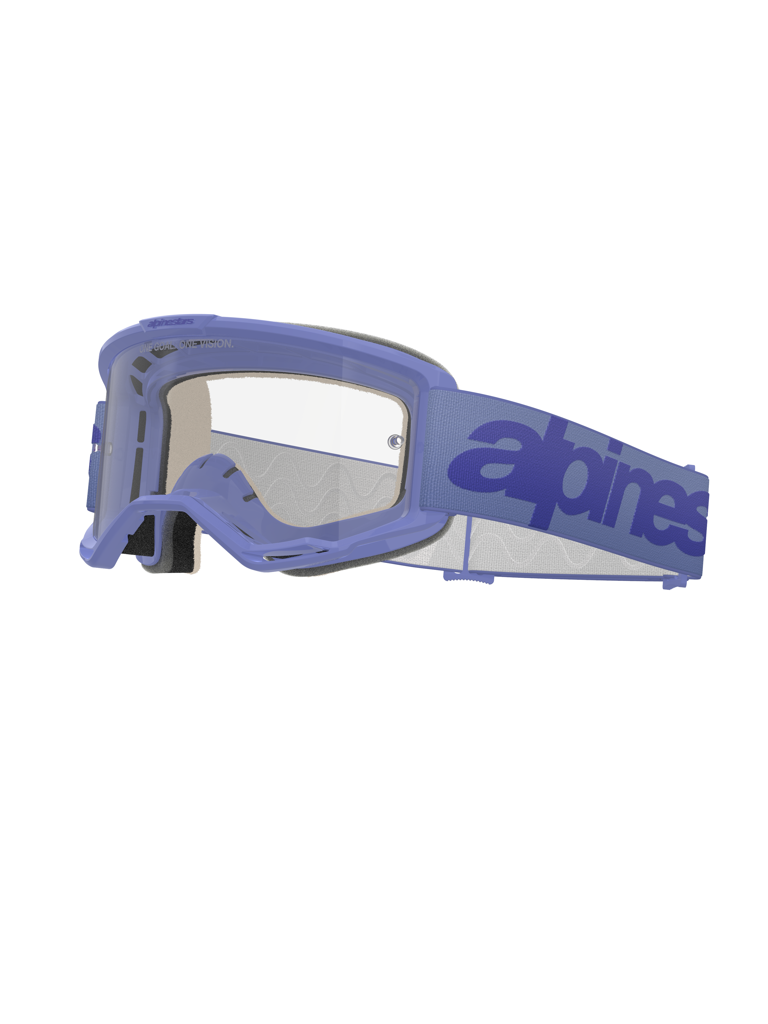 Alpinestars Vision 5 Wordmark Goggles, óculos de motocross, armação roxa clara com lente transparente, correia roxa com logótipo azul escuro, design A-FLEX ventilado, espuma facial de várias camadas, proteção ocular para todo-o-terreno