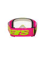 Alpinestars Vision 5 Wordmark Goggles, Motocross Goggles, Pink and Fluo Yellow, rear view showing the wide pink woven strap with neon yellow Alpinestars wordmark, clear lens, and multi-layer face foam padding