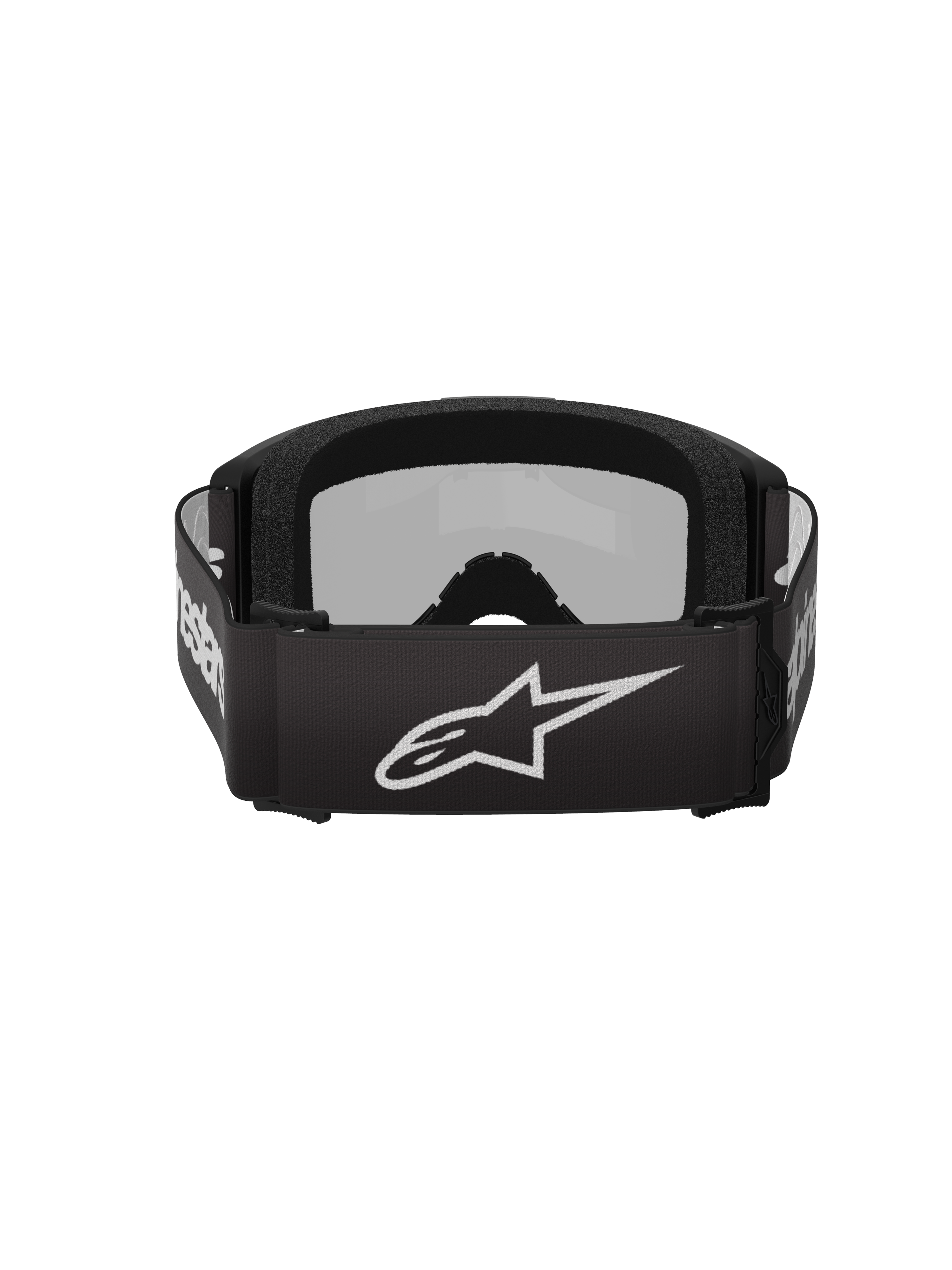 Alpinestars Vision 3 Wordmark Goggles, Motocross Goggles, Black and Mirror Silver, rear view featuring a black woven strap with a white Alpinestars logo and plush interior foam padding.
