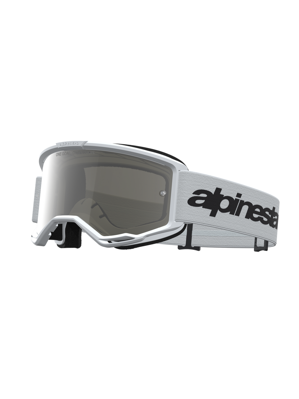 Alpinestars Vision 3 Wordmark Mirror, óculos de motocross, brancos e prateados, lente espelhada anti-embaciamento, correia com logótipo preto, para todo-o-terreno