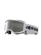 Alpinestars Vision 3 Wordmark Mirror, óculos de motocross, brancos e prateados, lente espelhada anti-embaciamento, correia com logótipo preto, para todo-o-terreno