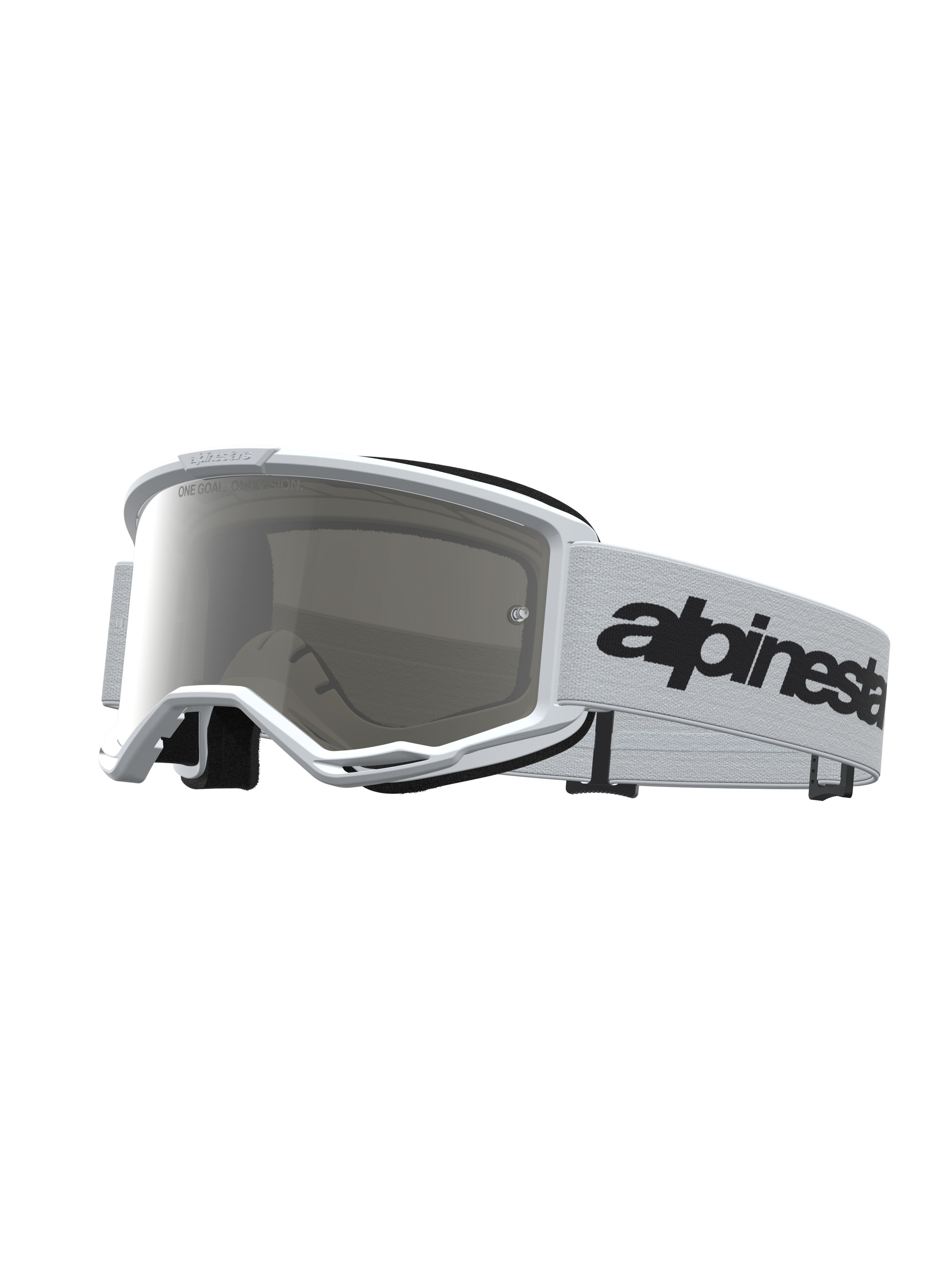 Alpinestars Vision 3 Wordmark Mirror, óculos de motocross, brancos e prateados, lente espelhada anti-embaciamento, correia com logótipo preto, para todo-o-terreno