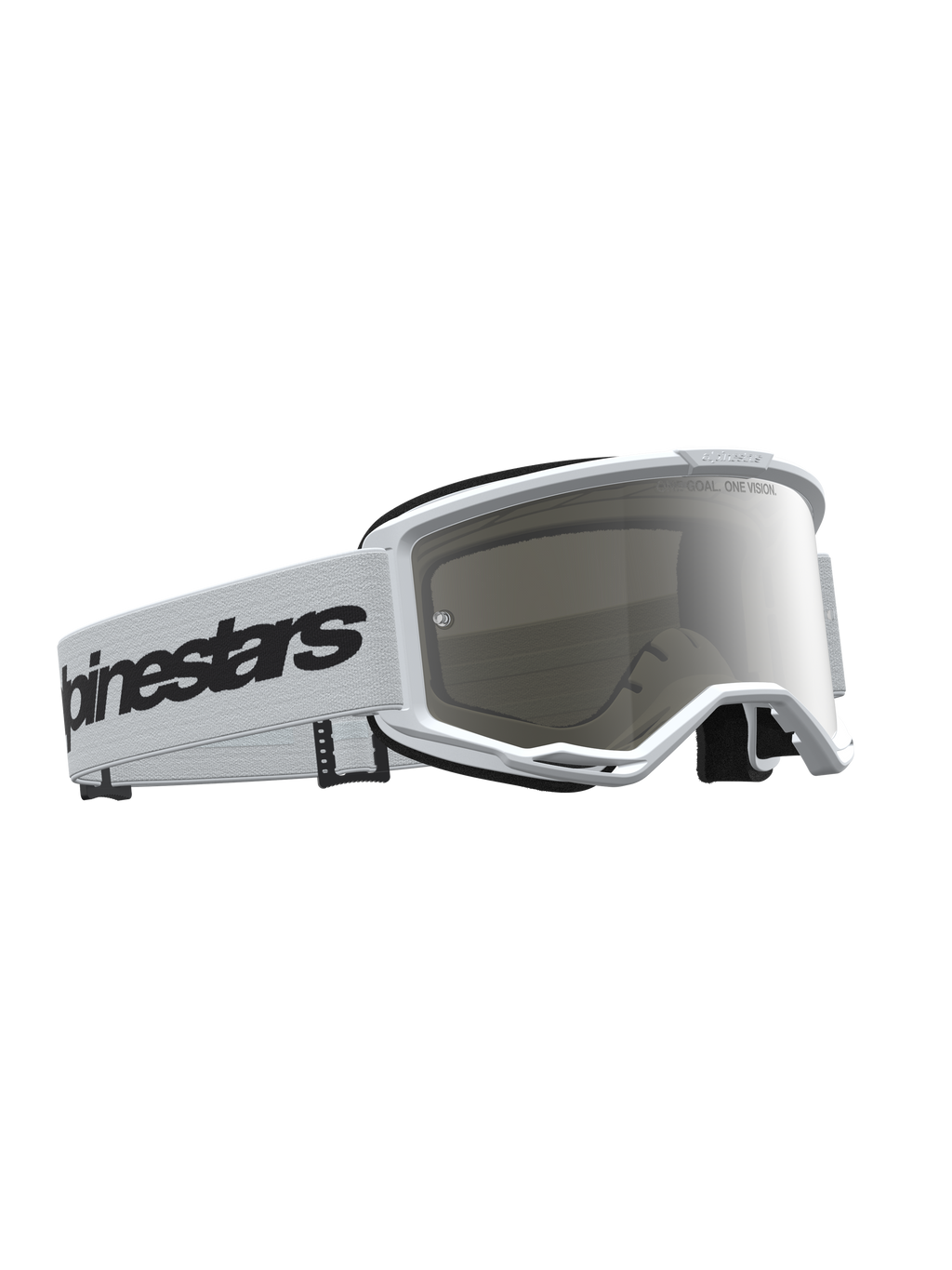 Óculos Alpinestars Vision 3 Wordmark Espelhados, para motocross, brancos e pretos, lente espelhada prateada anti-embaciamento.
