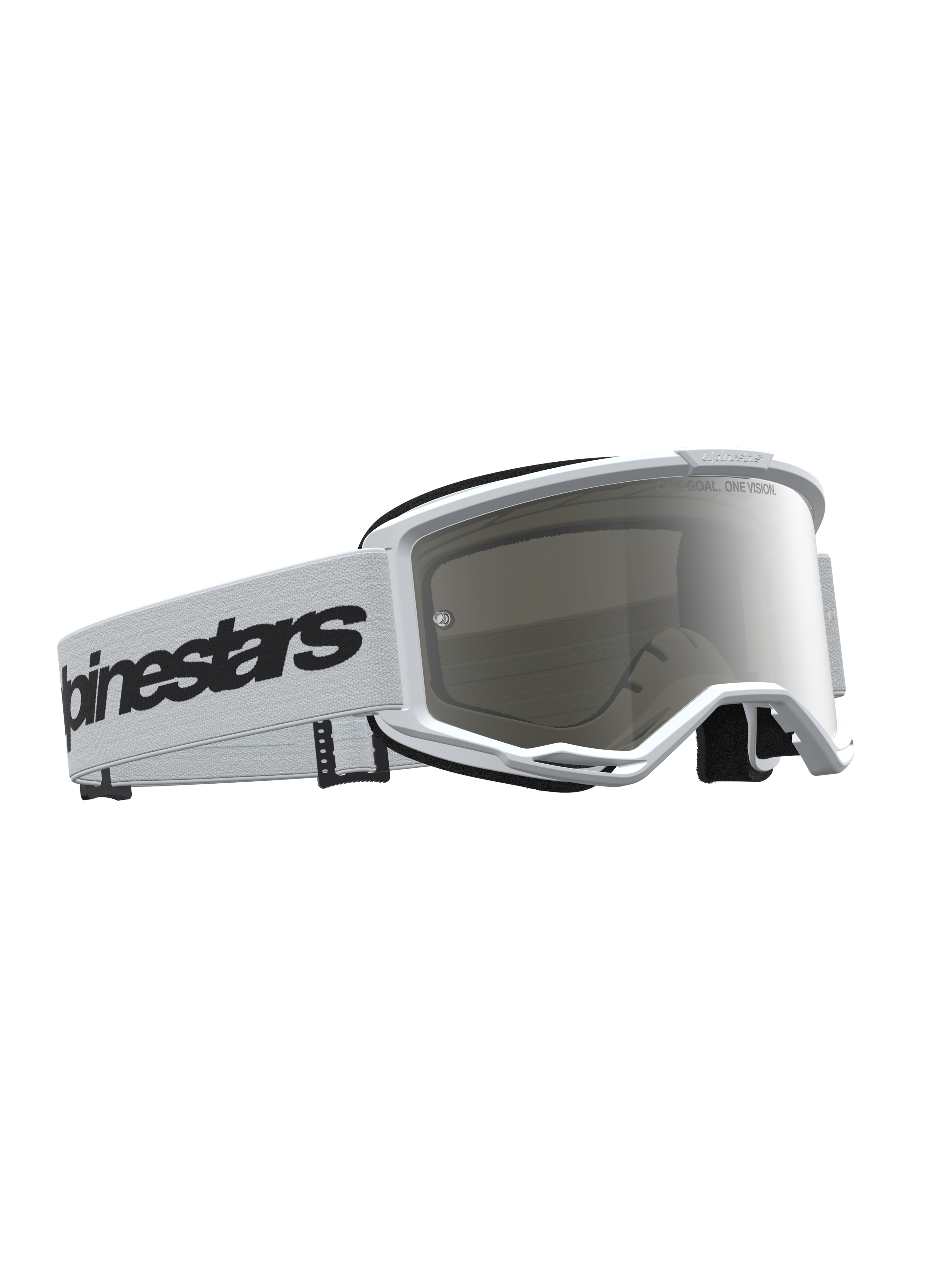 Óculos Alpinestars Vision 3 Wordmark Espelhados, para motocross, brancos e pretos, lente espelhada prateada anti-embaciamento.