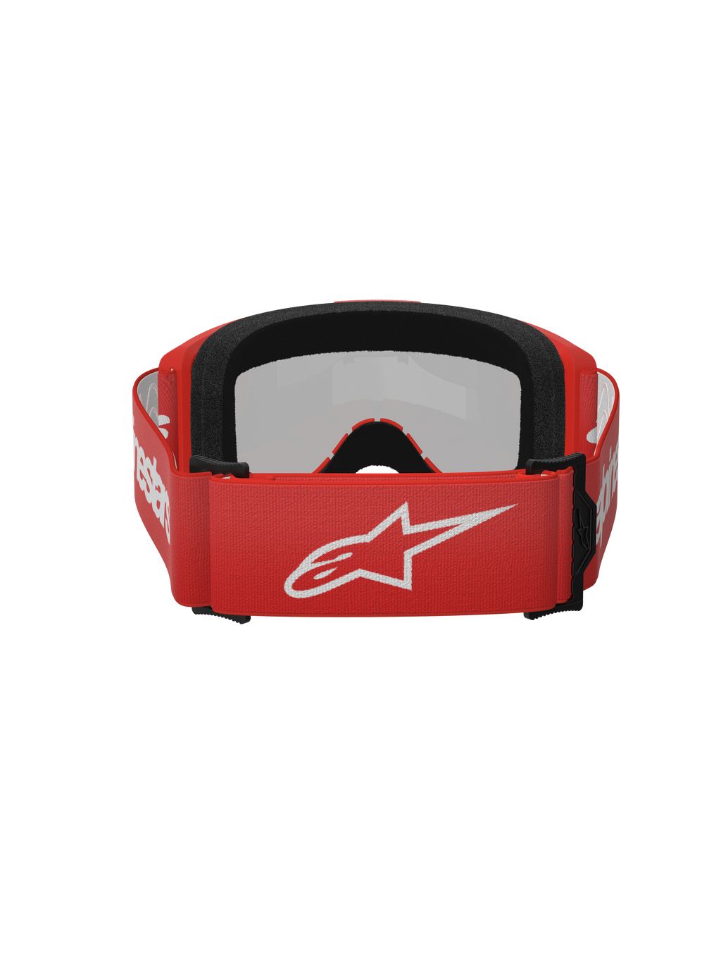 Óculos Alpinestars Vision 3 Wordmark, óculos de motocross, Red Mirror Silver, vista traseira com correia tecida vermelha e logótipo Alpinestars branco, espuma facial EO15 preta, ajuste regulável para desempenho em todo-o-terreno