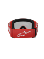 Óculos Alpinestars Vision 3 Wordmark, óculos de motocross, Red Mirror Silver, vista traseira com correia tecida vermelha e logótipo Alpinestars branco, espuma facial EO15 preta, ajuste regulável para desempenho em todo-o-terreno
