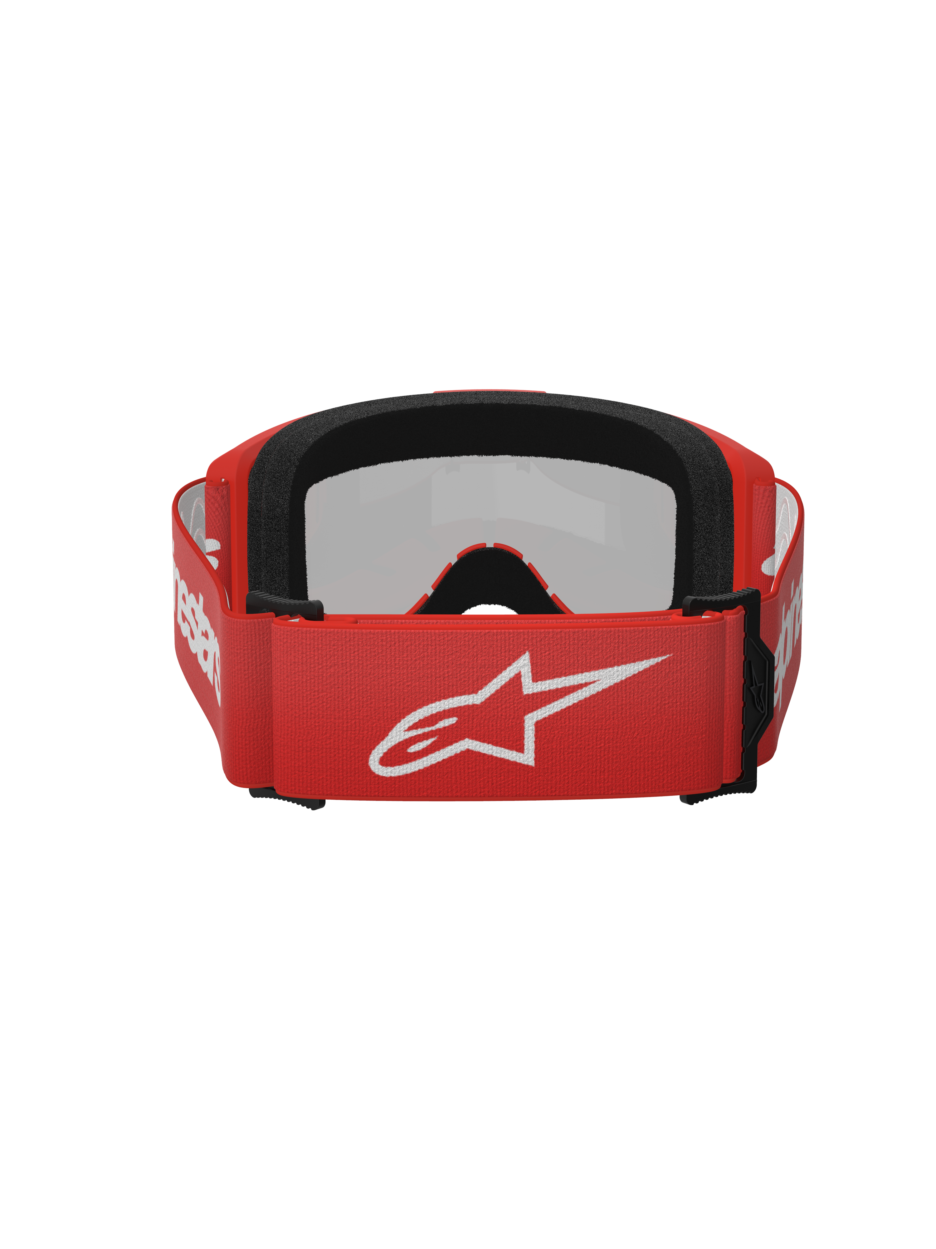 Óculos Alpinestars Vision 3 Wordmark, óculos de motocross, Red Mirror Silver, vista traseira com correia tecida vermelha e logótipo Alpinestars branco, espuma facial EO15 preta, ajuste regulável para desempenho em todo-o-terreno