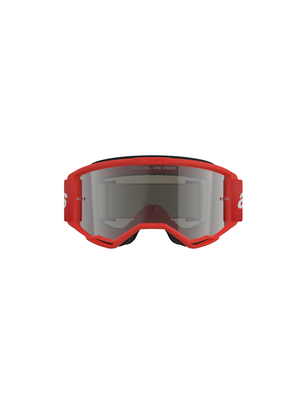 Alpinestars Vision 3 Wordmark Goggles, óculos de motocross, armação vermelha com lente espelhada prateada, vista frontal com o texto 'ONE GOAL. ONE VISION.' na lente e correia larga vermelha