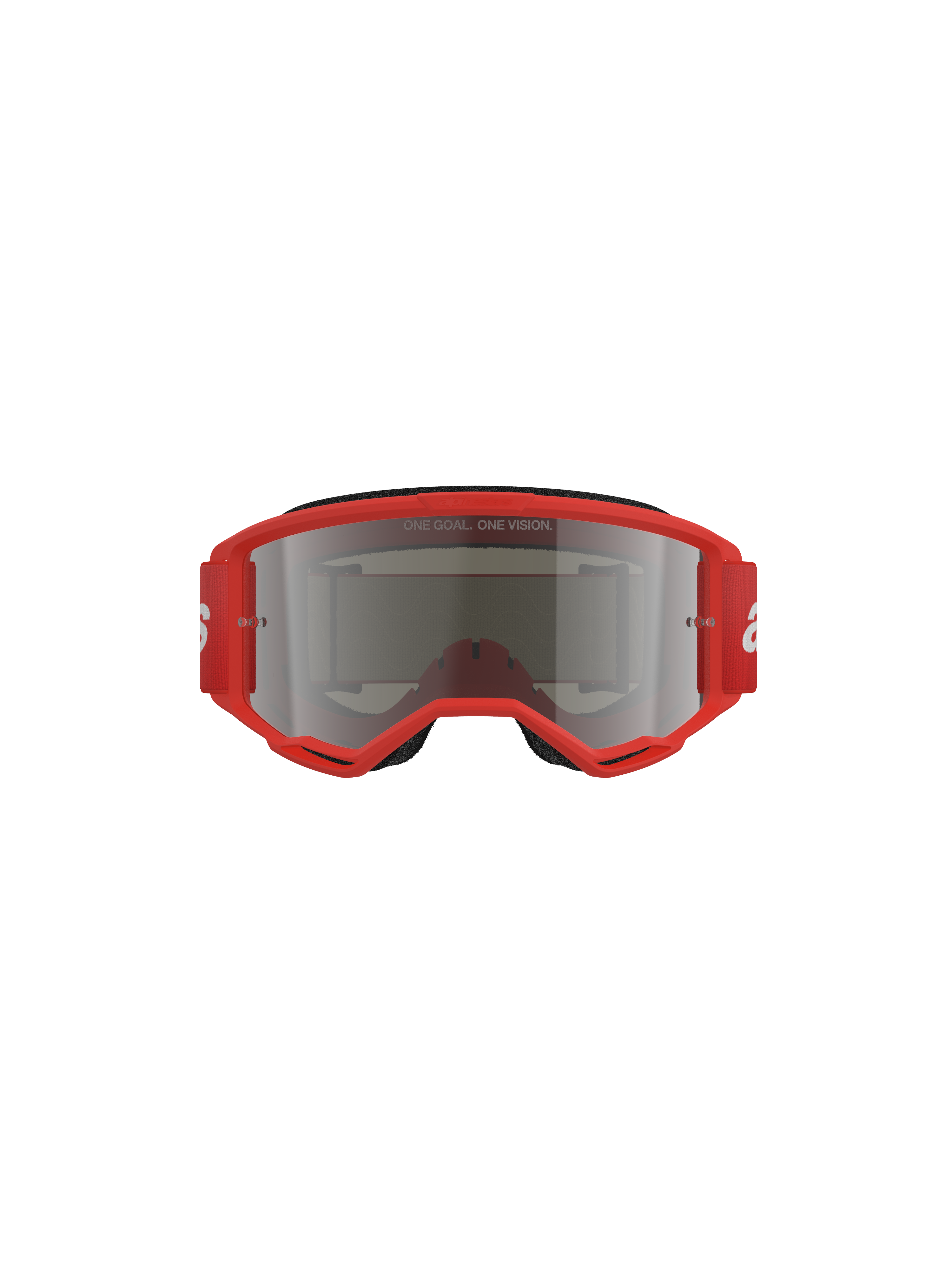 Alpinestars Vision 3 Wordmark Goggles, óculos de motocross, armação vermelha com lente espelhada prateada, vista frontal com o texto 'ONE GOAL. ONE VISION.' na lente e correia larga vermelha