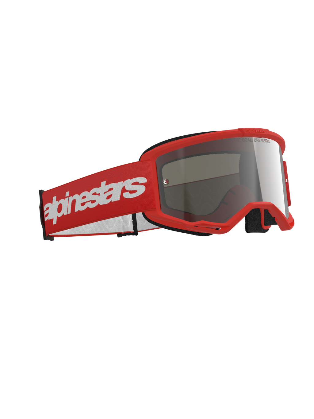 Alpinestars Vision 3 Wordmark Goggles, óculos de motocross, armação vermelha com correia vermelha a condizer apresentando um logótipo wordmark branco grande, lente espelhada prateada, concebidos para corridas de motocross e todo-o-terreno
