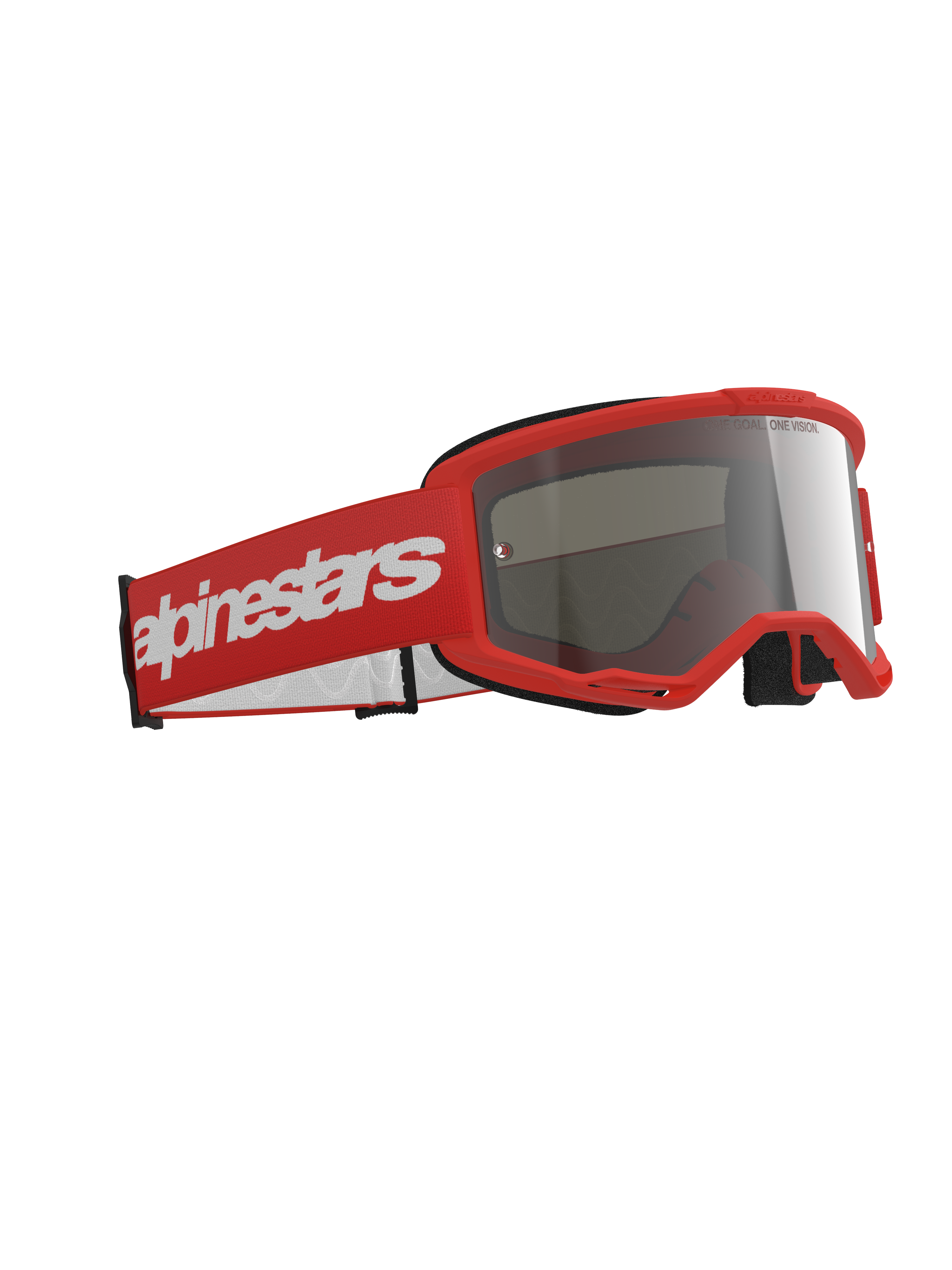 Alpinestars Vision 3 Wordmark Goggles, óculos de motocross, armação vermelha com correia vermelha a condizer apresentando um logótipo wordmark branco grande, lente espelhada prateada, concebidos para corridas de motocross e todo-o-terreno