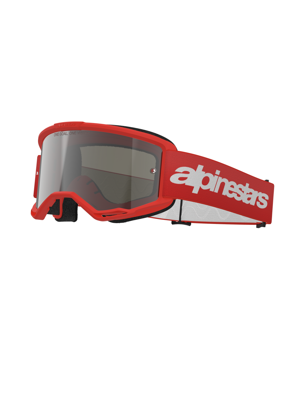 Alpinestars Vision 3 Wordmark Goggles, óculos de motocross, vermelhos e prateados espelhados, armação vermelha viva com lente espelhada prateada, correia tecida vermelha com um grande logótipo wordmark branco, proteção ocular desportiva para todo-o-terreno