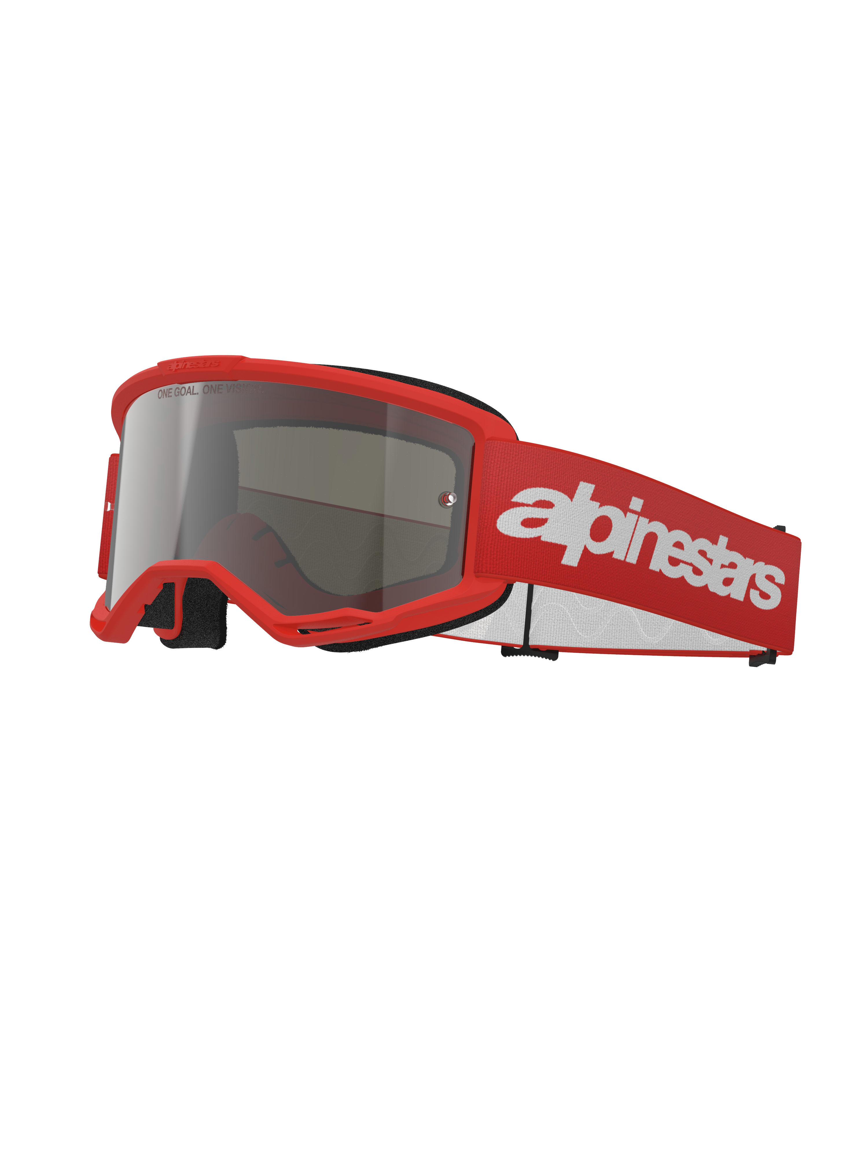 Alpinestars Vision 3 Wordmark Goggles, óculos de motocross, vermelhos e prateados espelhados, armação vermelha viva com lente espelhada prateada, correia tecida vermelha com um grande logótipo wordmark branco, proteção ocular desportiva para todo-o-terreno