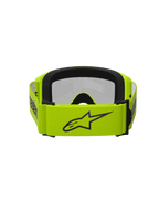 Óculos Alpinestars Vision 3 Wordmark, óculos de motocross, amarelo néon e espelhado prateado, vista traseira com uma correia larga amarela néon com logótipo de estrela preto e marca, espuma facial preta, concebidos para corridas off-road