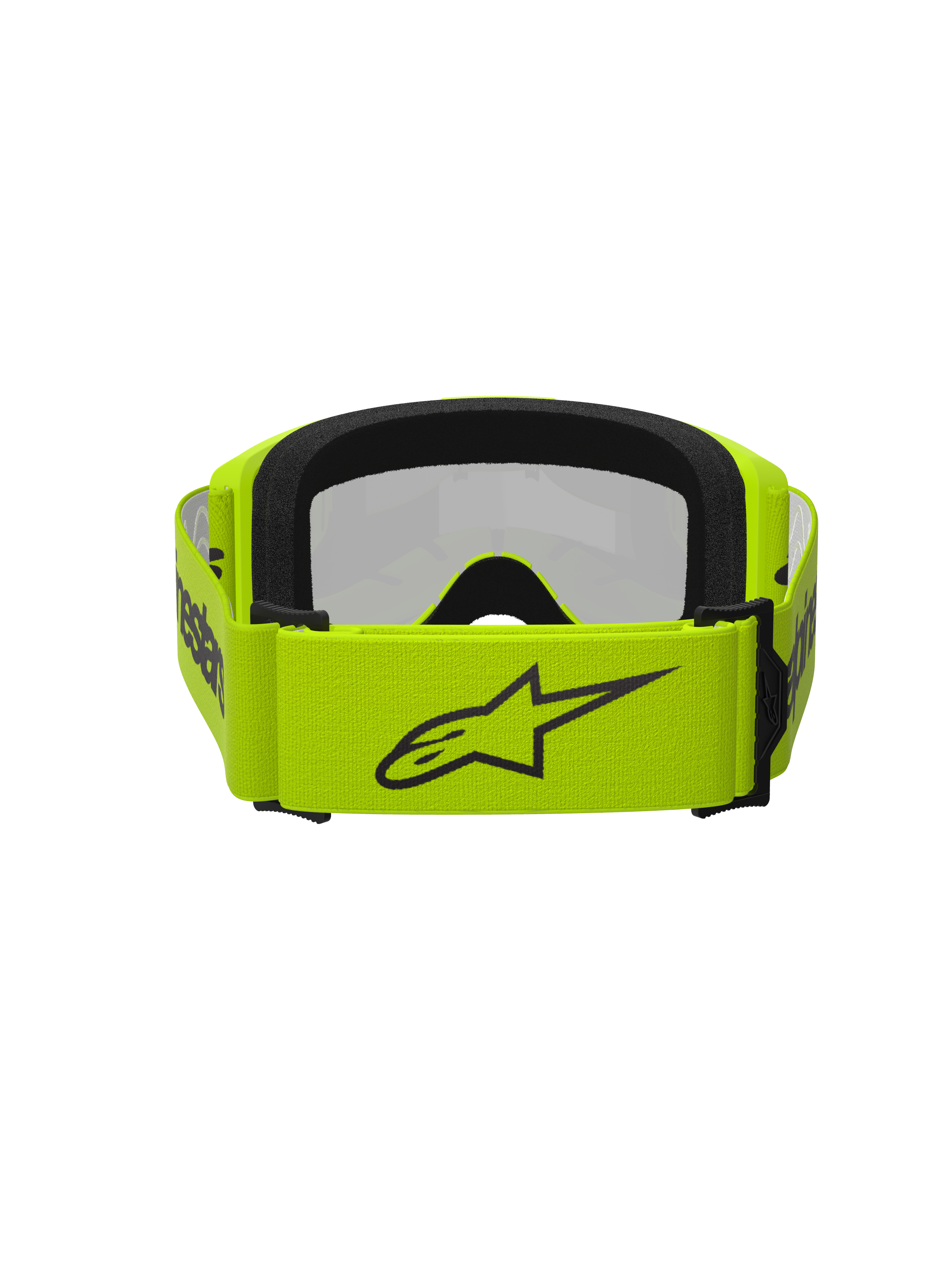 Óculos Alpinestars Vision 3 Wordmark, óculos de motocross, amarelo néon e espelhado prateado, vista traseira com uma correia larga amarela néon com logótipo de estrela preto e marca, espuma facial preta, concebidos para corridas off-road