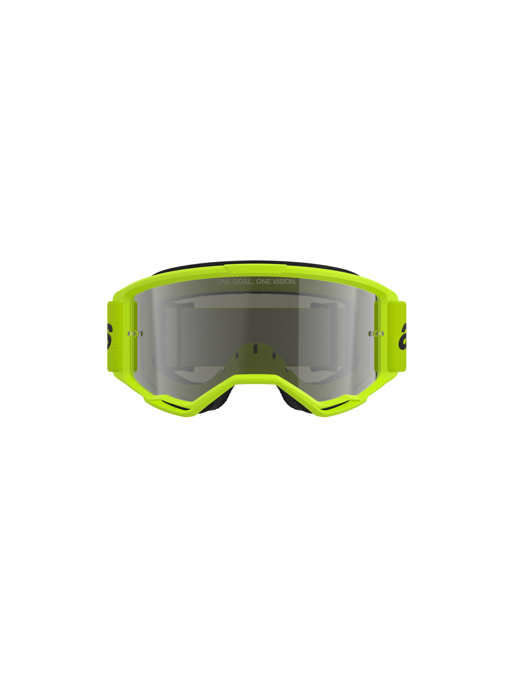 Óculos Alpinestars Vision 3 Wordmark, óculos de motocross, armação amarelo fluo com lente prateada espelhada, correia amarela a condizer com logótipo preto, vista frontal realçando o amplo campo de visão