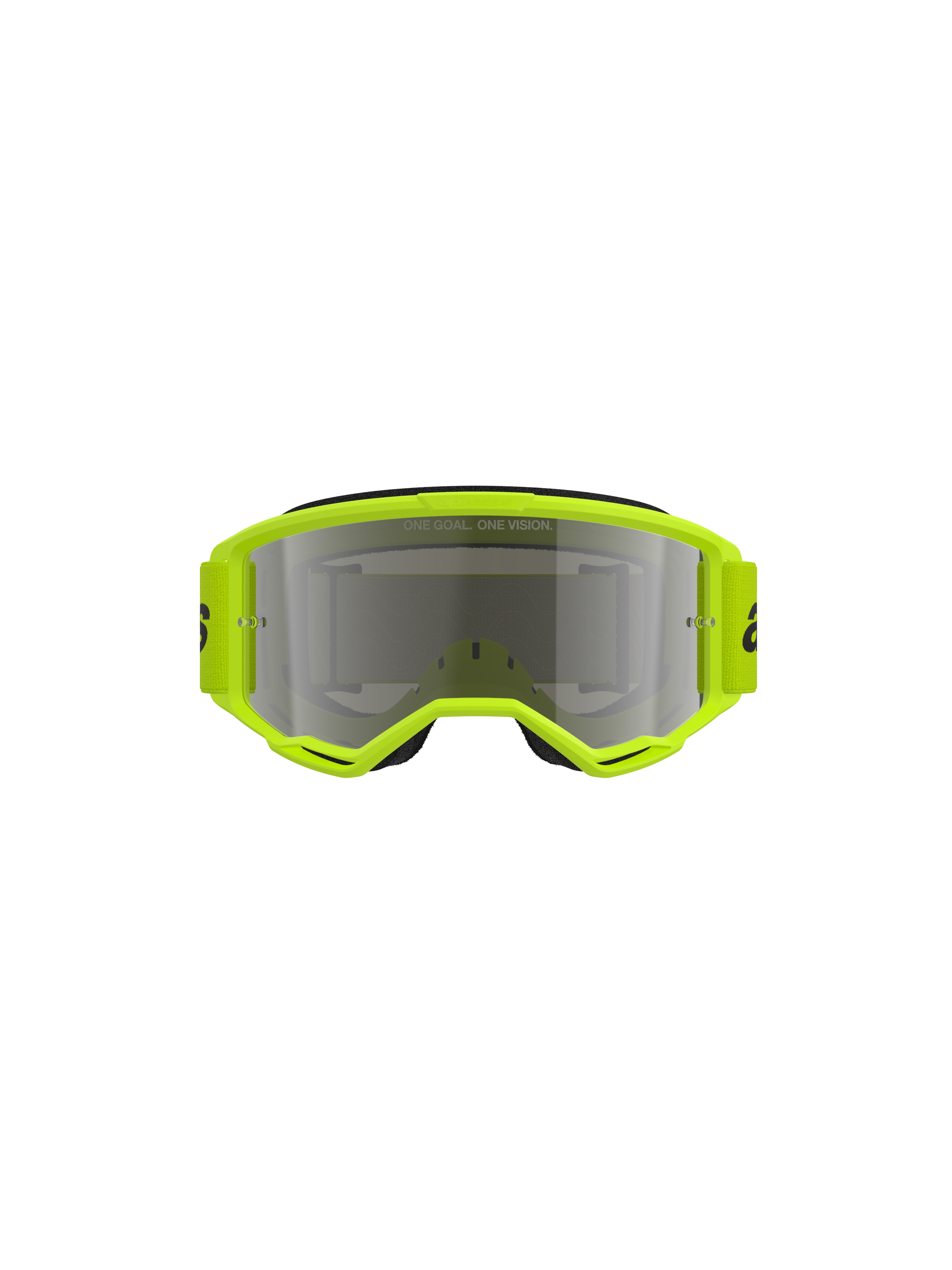 Óculos Alpinestars Vision 3 Wordmark, óculos de motocross, armação amarelo fluo com lente prateada espelhada, correia amarela a condizer com logótipo preto, vista frontal realçando o amplo campo de visão