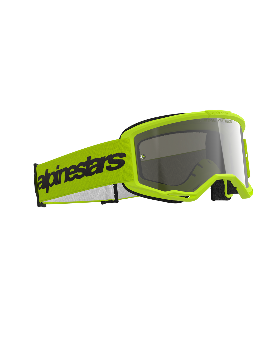 Óculos Alpinestars Vision 3 Wordmark, óculos de motocross, amarelo fluo e prateado espelhado, armação amarela vibrante com lente prateada refletora, correia amarela larga com logótipo Alpinestars a preto