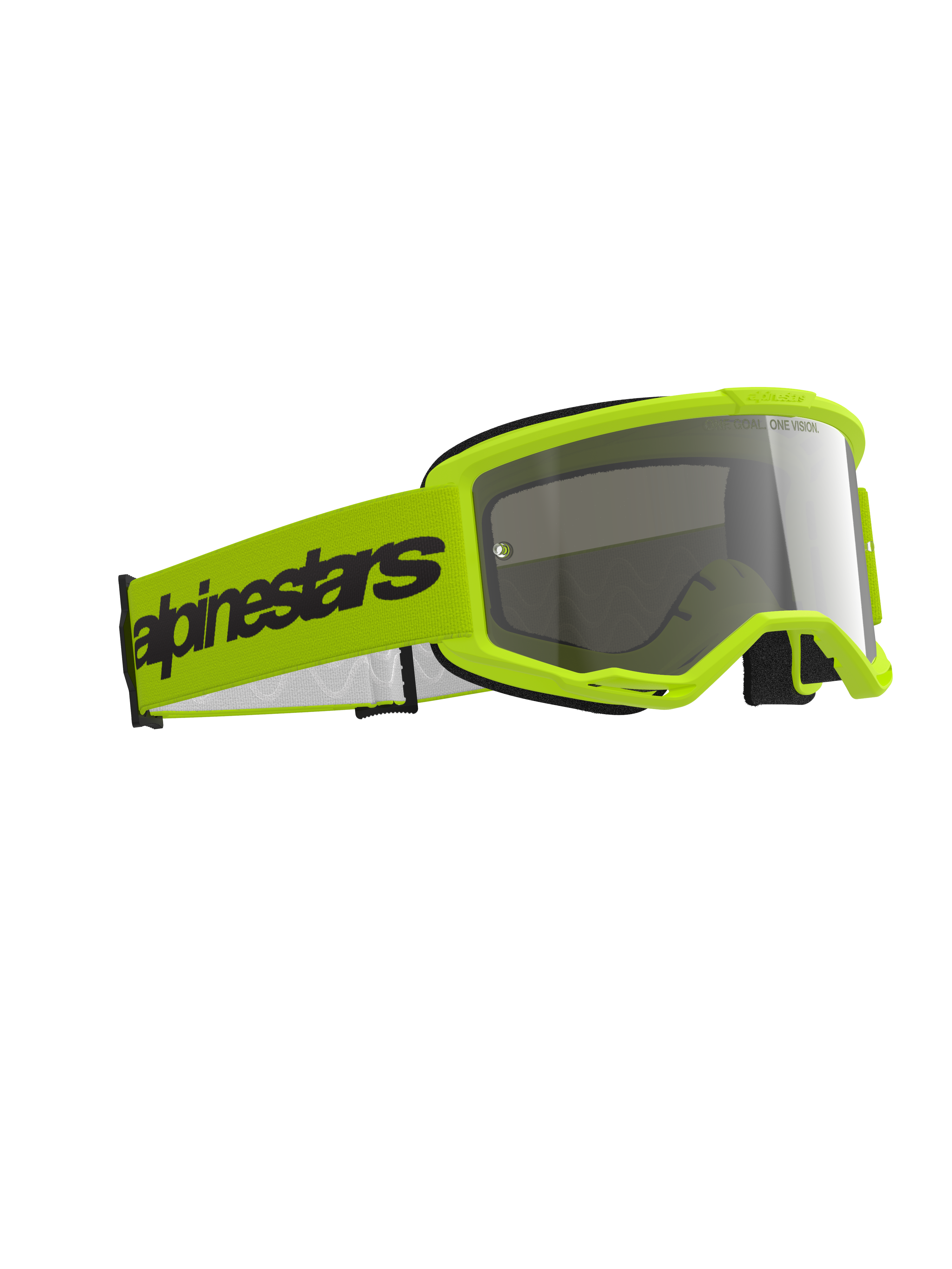 Óculos Alpinestars Vision 3 Wordmark, óculos de motocross, amarelo fluo e prateado espelhado, armação amarela vibrante com lente prateada refletora, correia amarela larga com logótipo Alpinestars a preto