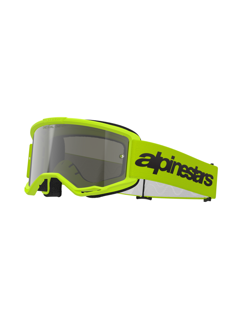 Alpinestars Vision 3 Wordmark Goggles, óculos de motocross, amarelo néon e espelhado prateado, com armação e correia amarelo vibrante e logótipo Alpinestars preto, proteção ocular de alta performance para corridas fora de estrada