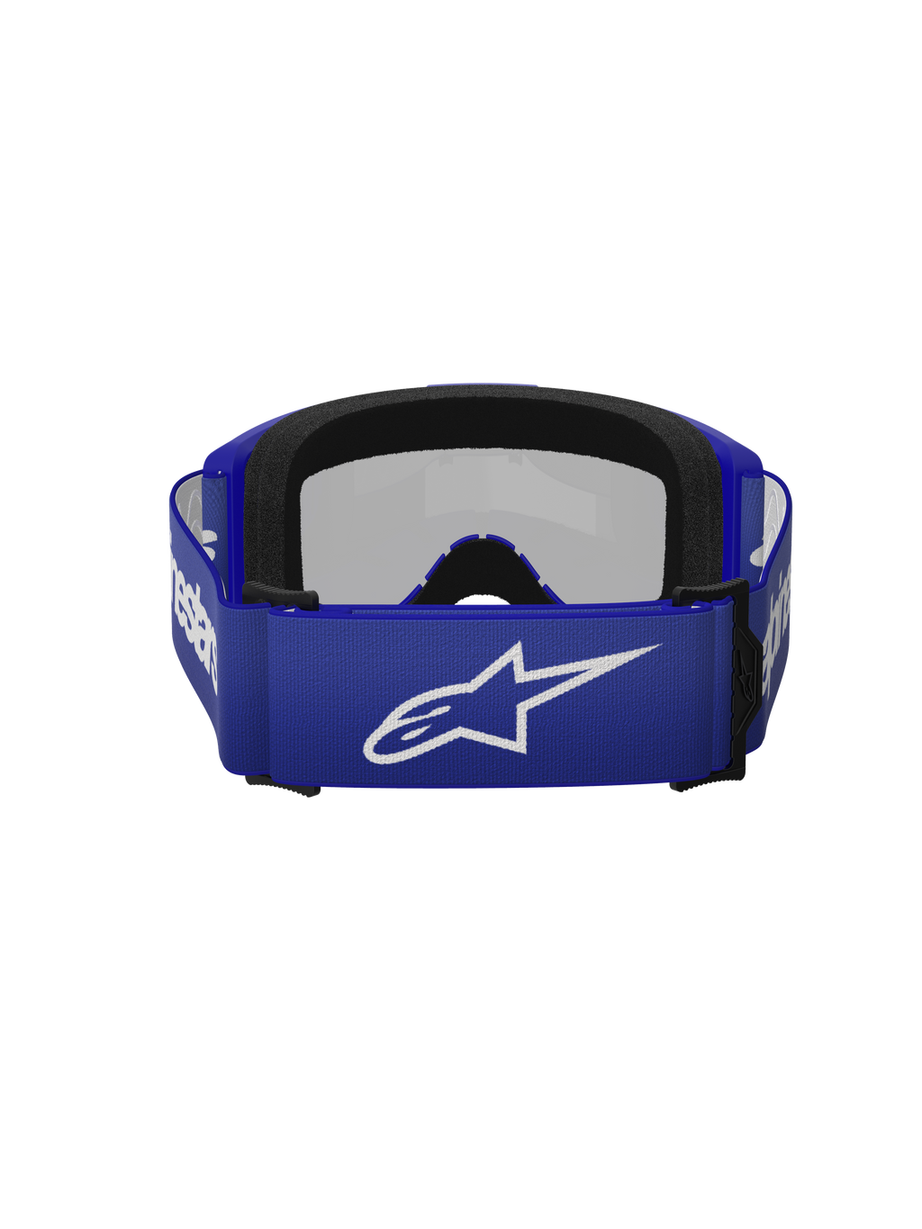 Óculos Alpinestars Vision 3 Wordmark, óculos de motocross, Blue Mirror Silver, vista traseira que mostra a correia azul com o logótipo Alpinestars branco e espuma facial preta de camada dupla