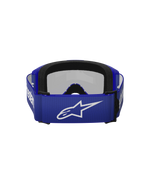 Óculos Alpinestars Vision 3 Wordmark, óculos de motocross, Blue Mirror Silver, vista traseira que mostra a correia azul com o logótipo Alpinestars branco e espuma facial preta de camada dupla
