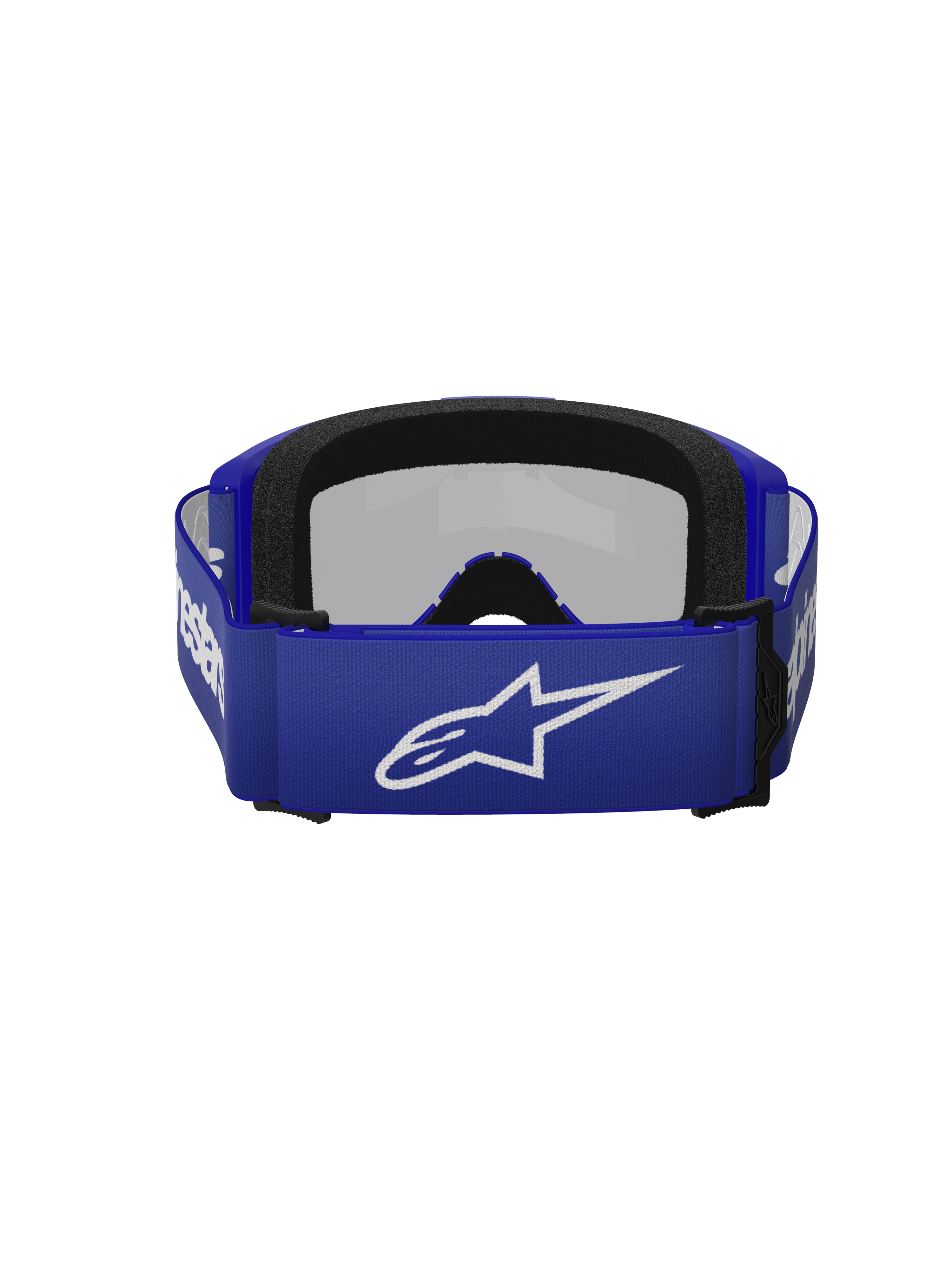 Óculos Alpinestars Vision 3 Wordmark, óculos de motocross, Blue Mirror Silver, vista traseira que mostra a correia azul com o logótipo Alpinestars branco e espuma facial preta de camada dupla
