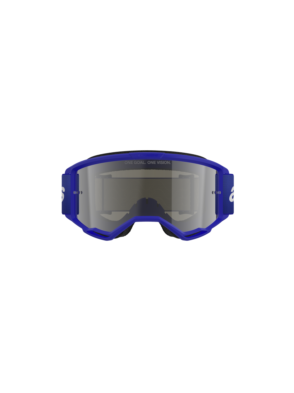 Alpinestars Vision 3 Wordmark Goggles, óculos de motocross, azul e prateado espelhado, com armação azul vibrante e correia larga com logótipo branco, lente espelhada prateada com o texto 'ONE GOAL. ONE VISION.', equipamento de proteção profissional para todo-o-terreno