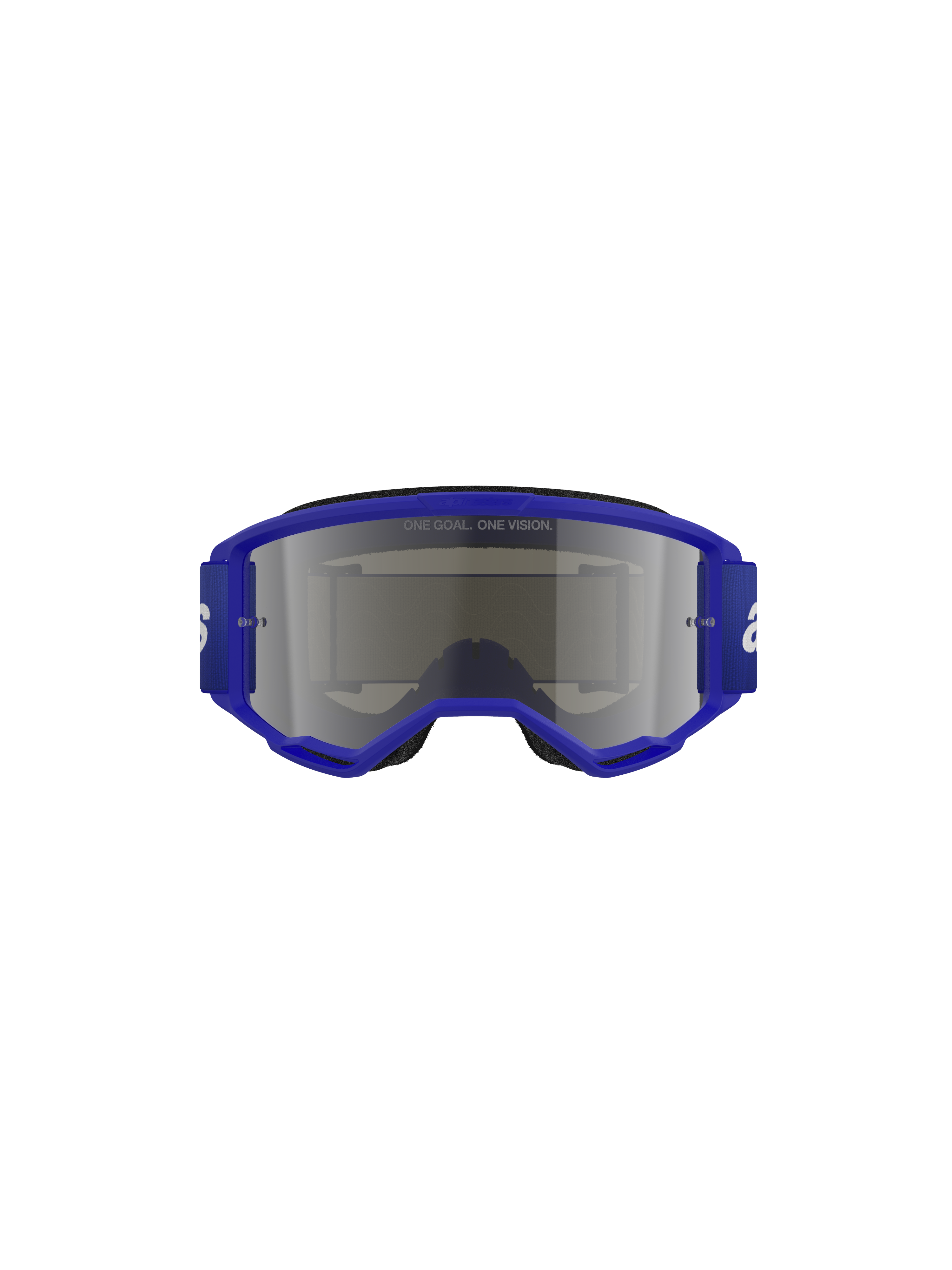 Alpinestars Vision 3 Wordmark Goggles, óculos de motocross, azul e prateado espelhado, com armação azul vibrante e correia larga com logótipo branco, lente espelhada prateada com o texto 'ONE GOAL. ONE VISION.', equipamento de proteção profissional para todo-o-terreno