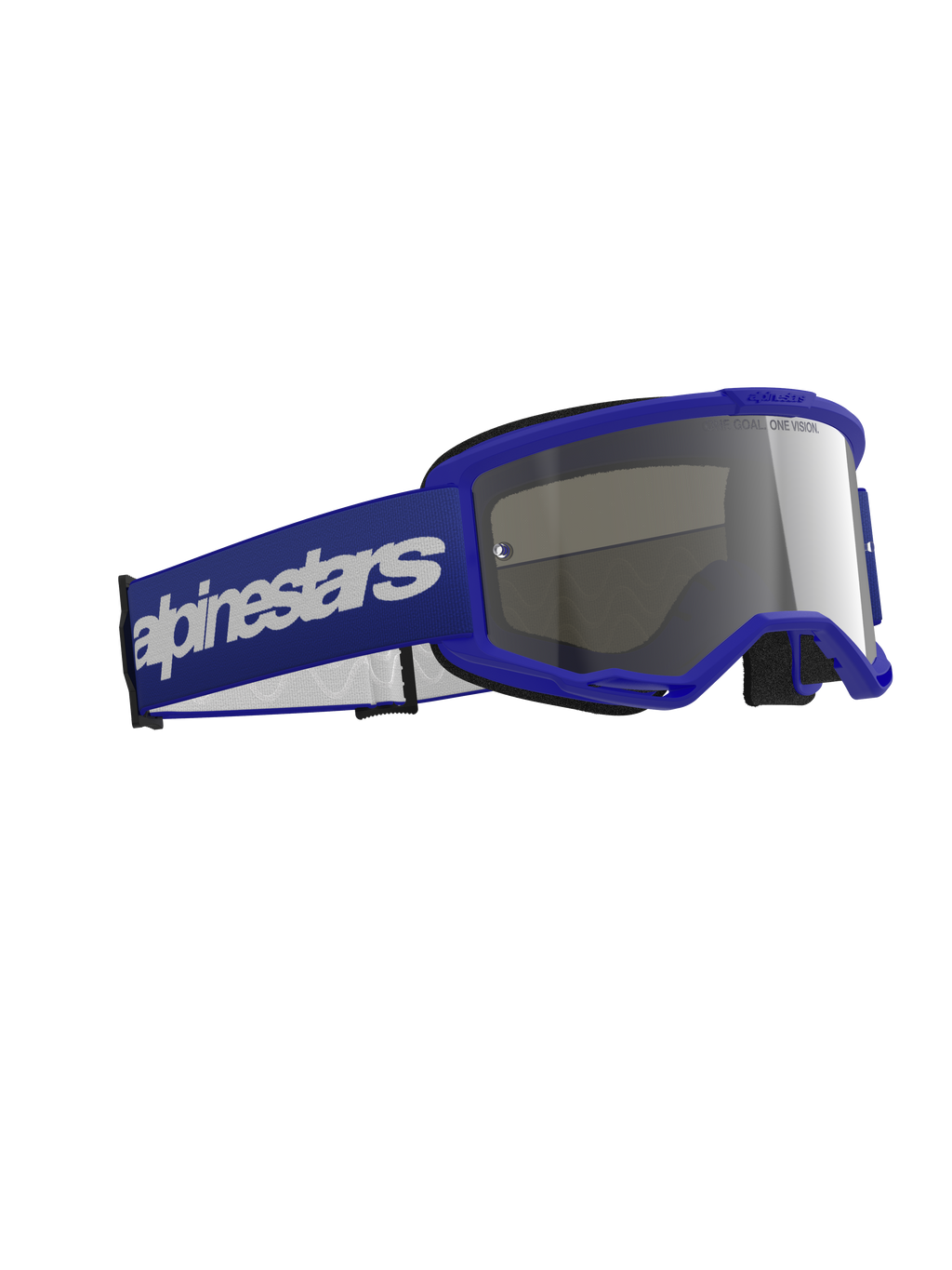 Alpinestars Vision 3 Wordmark Goggles, óculos de motocross, azuis com lente espelhada prateada, com armação azul e fita larga azul com logótipo wordmark branco, design durável para corridas todo-o-terreno