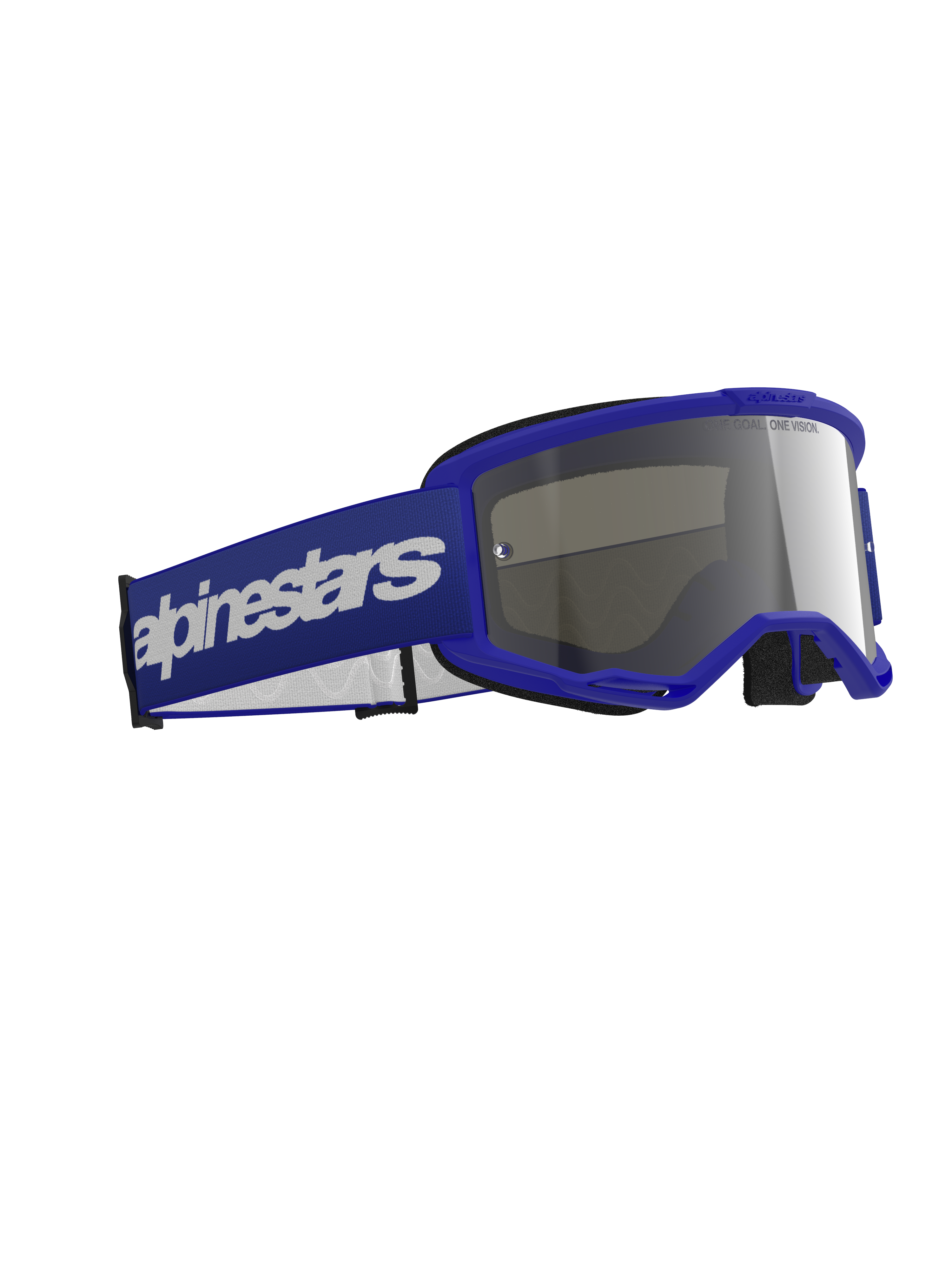 Alpinestars Vision 3 Wordmark Goggles, óculos de motocross, azuis com lente espelhada prateada, com armação azul e fita larga azul com logótipo wordmark branco, design durável para corridas todo-o-terreno
