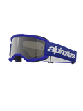 Óculos Alpinestars Vision 3 Wordmark, óculos de motocross, armação azul com lente prateada espelhada, correia larga azul ajustável com logótipo Alpinestars a branco, espuma facial preta, óculos de proteção para condução fora de estrada e motocross
