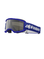 Óculos Alpinestars Vision 3 Wordmark, óculos de motocross, armação azul com lente prateada espelhada, correia larga azul ajustável com logótipo Alpinestars a branco, espuma facial preta, óculos de proteção para condução fora de estrada e motocross
