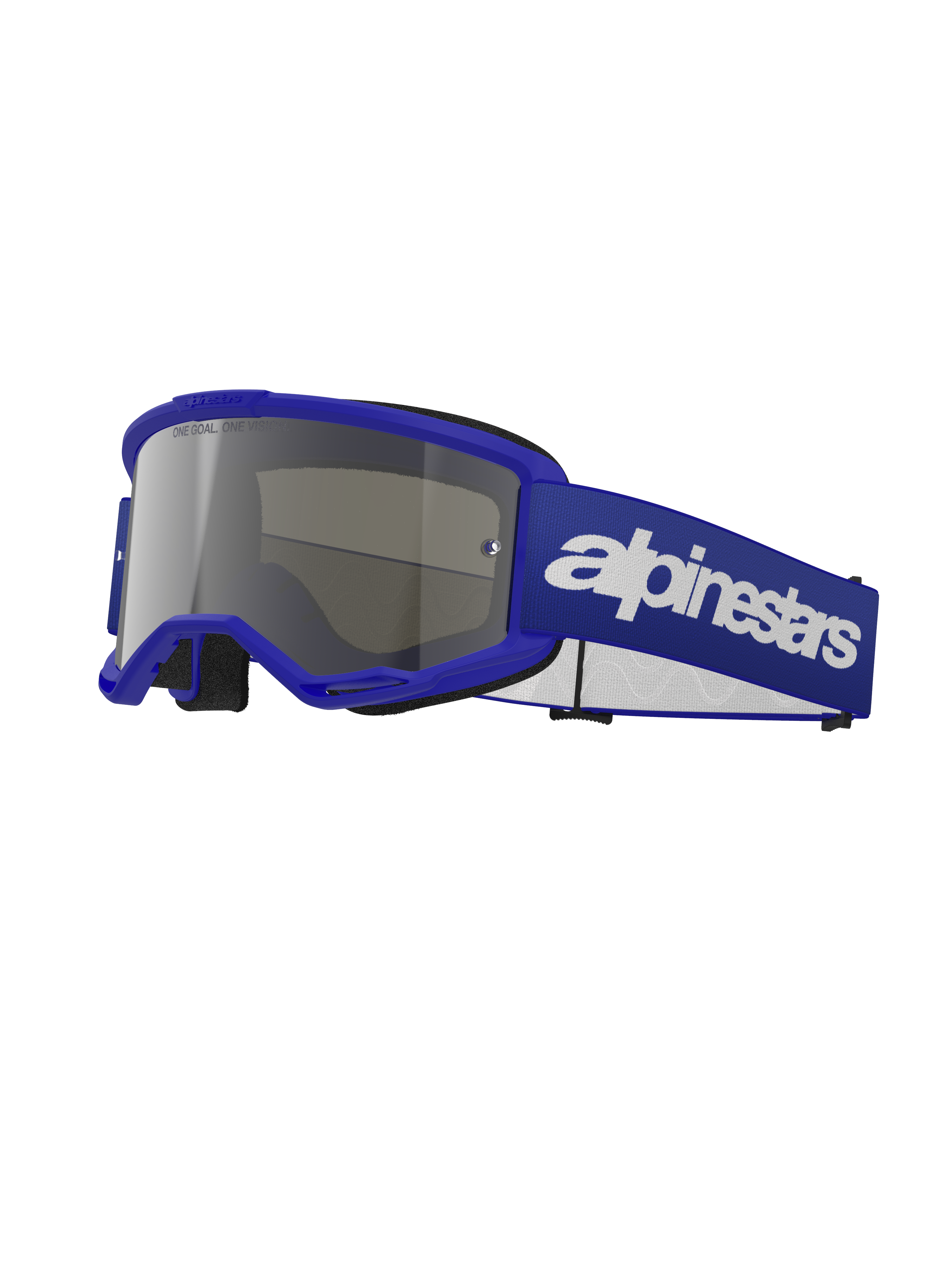 Óculos Alpinestars Vision 3 Wordmark, óculos de motocross, armação azul com lente prateada espelhada, correia larga azul ajustável com logótipo Alpinestars a branco, espuma facial preta, óculos de proteção para condução fora de estrada e motocross