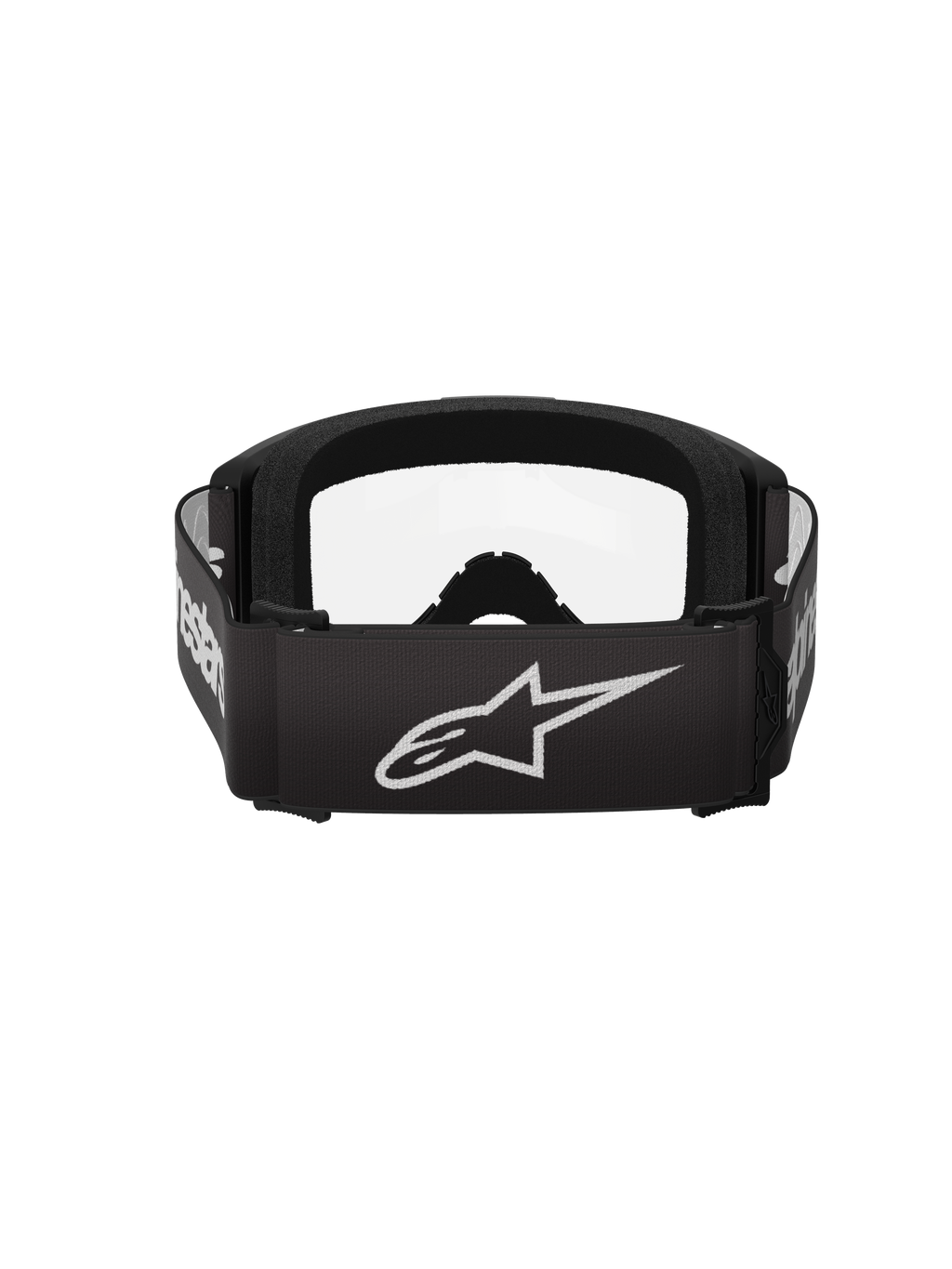 Óculos Alpinestars Vision 3 Wordmark, óculos de motocross, preto e transparente, vista traseira com uma correia preta larga com o logótipo de estrela e wordmark da Alpinestars em branco, espuma facial preta espessa e lente transparente.