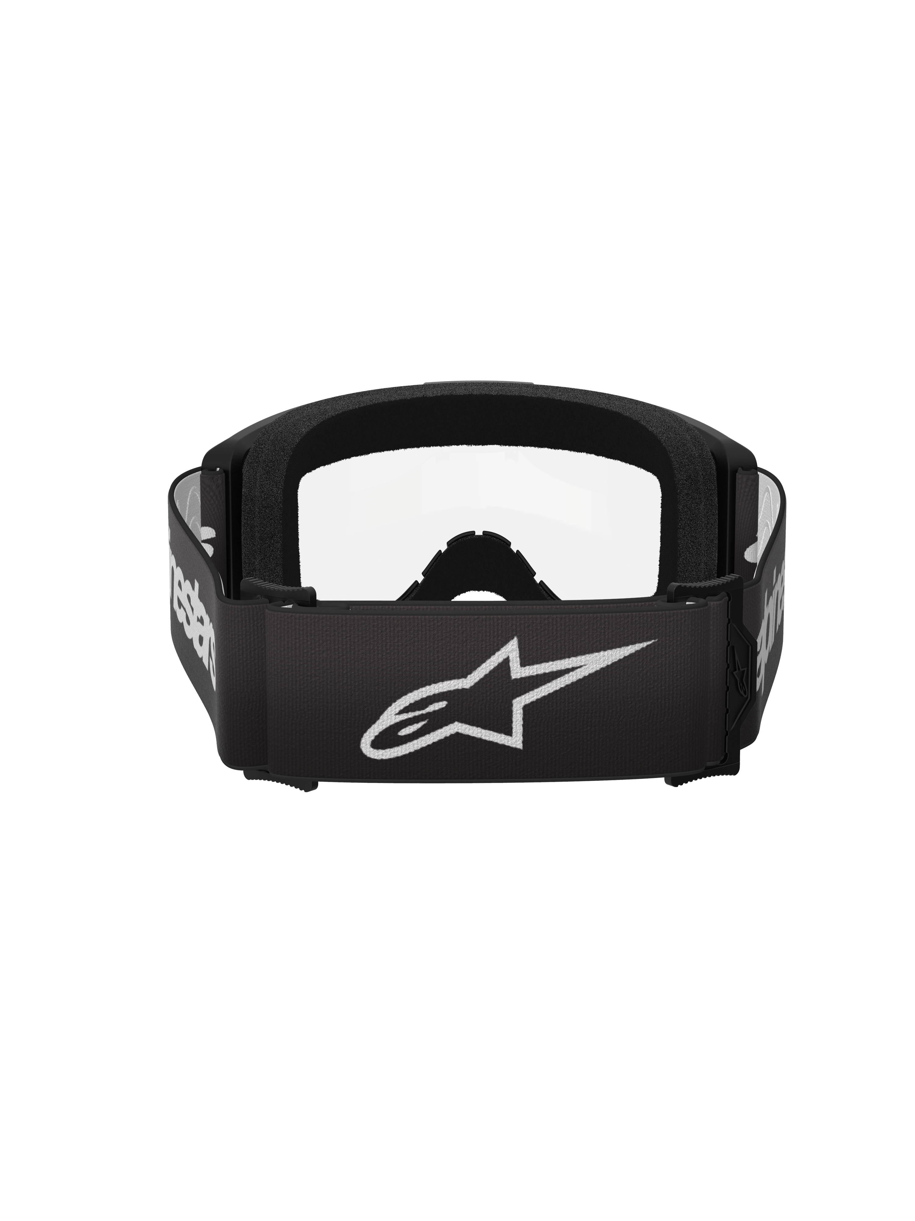 Óculos Alpinestars Vision 3 Wordmark, óculos de motocross, preto e transparente, vista traseira com uma correia preta larga com o logótipo de estrela e wordmark da Alpinestars em branco, espuma facial preta espessa e lente transparente.