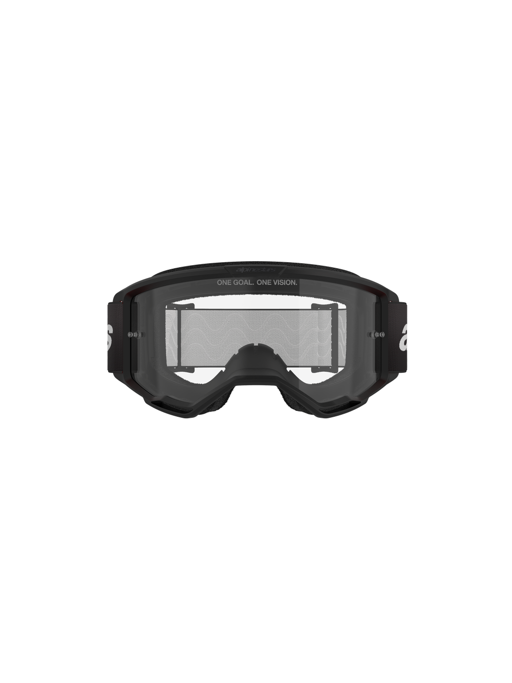 Óculos Alpinestars Vision 3 Wordmark, óculos de motocross, pretos e transparentes, vista frontal com lente transparente anti-embaciamento, armação A-FLEX, correia preta com logótipo Alpinestars branco e detalhe do slogan 'ONE GOAL. ONE VISION.'