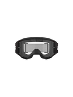 Óculos Alpinestars Vision 3 Wordmark, óculos de motocross, pretos e transparentes, vista frontal com lente transparente anti-embaciamento, armação A-FLEX, correia preta com logótipo Alpinestars branco e detalhe do slogan 'ONE GOAL. ONE VISION.'
