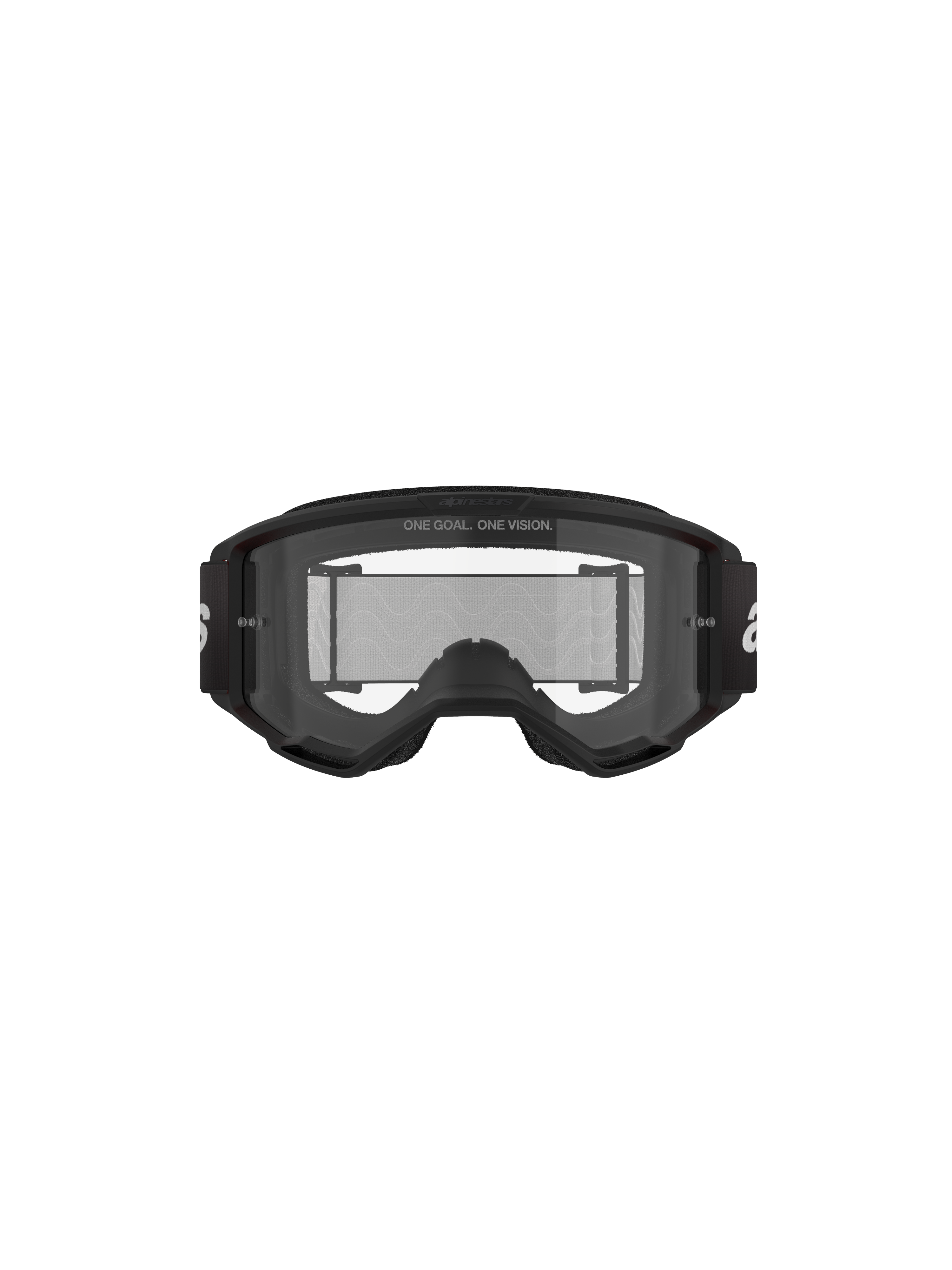 Óculos Alpinestars Vision 3 Wordmark, óculos de motocross, pretos e transparentes, vista frontal com lente transparente anti-embaciamento, armação A-FLEX, correia preta com logótipo Alpinestars branco e detalhe do slogan 'ONE GOAL. ONE VISION.'