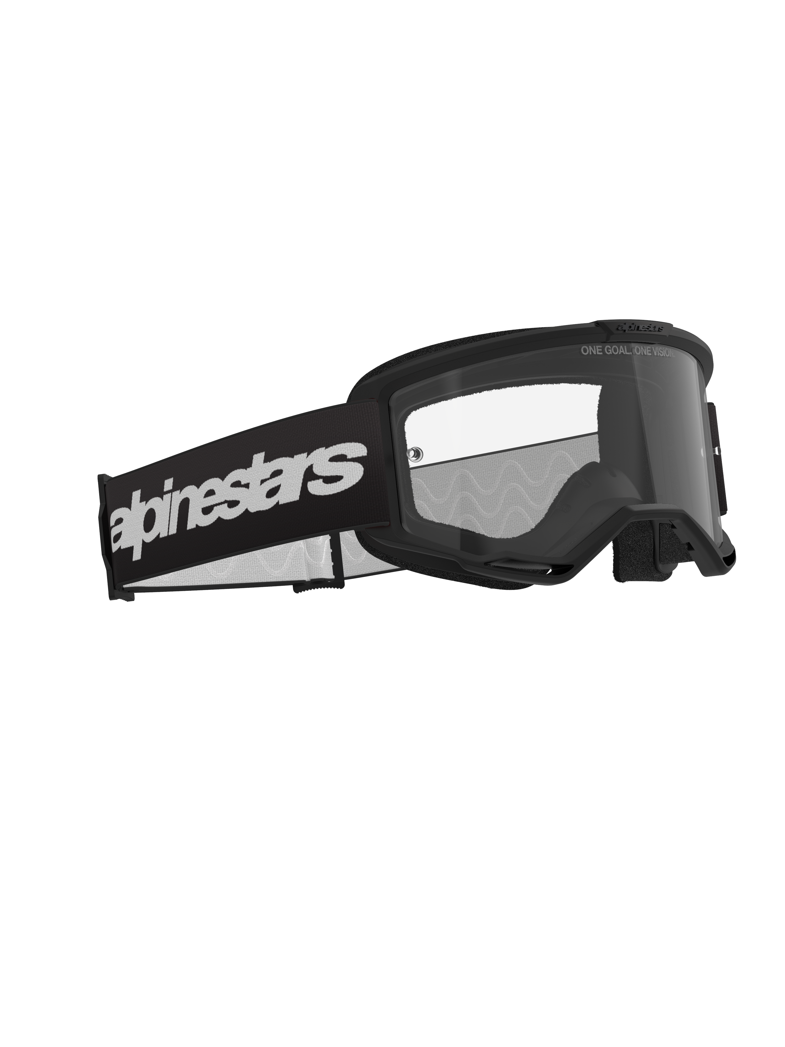 Óculos Alpinestars Vision 3 Wordmark, óculos de motocross, pretos e transparentes, com uma correia preta larga e logótipo wordmark branco em destaque, lente transparente anti-embaciamento com o texto "ONE GOAL. ONE VISION.", design de performance elegante para corridas off-road