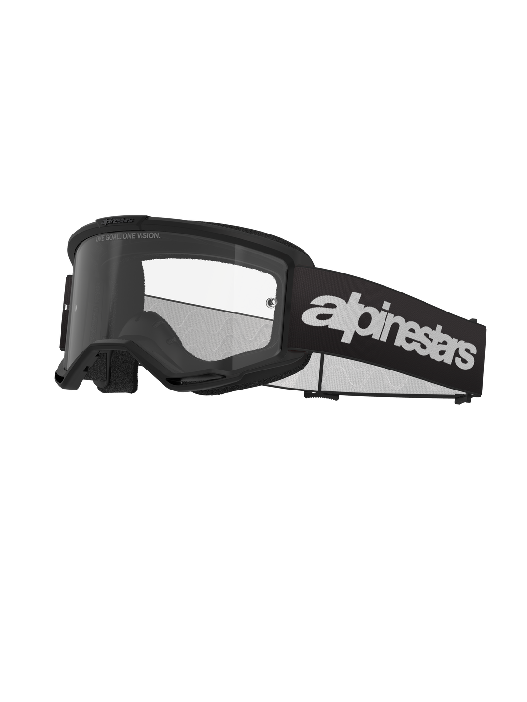 Óculos Alpinestars Vision 3 Wordmark, óculos de motocross, pretos e transparentes, com marca Alpinestars branca em destaque na correia, lente transparente com o texto 'ONE GOAL. ONE VISION.' e design de armação minimalista