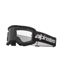 Óculos Alpinestars Vision 3 Wordmark, óculos de motocross, pretos e transparentes, com marca Alpinestars branca em destaque na correia, lente transparente com o texto 'ONE GOAL. ONE VISION.' e design de armação minimalista