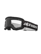 Óculos Alpinestars Vision 3 Wordmark, óculos de motocross, pretos e transparentes, com marca Alpinestars branca em destaque na correia, lente transparente com o texto 'ONE GOAL. ONE VISION.' e design de armação minimalista