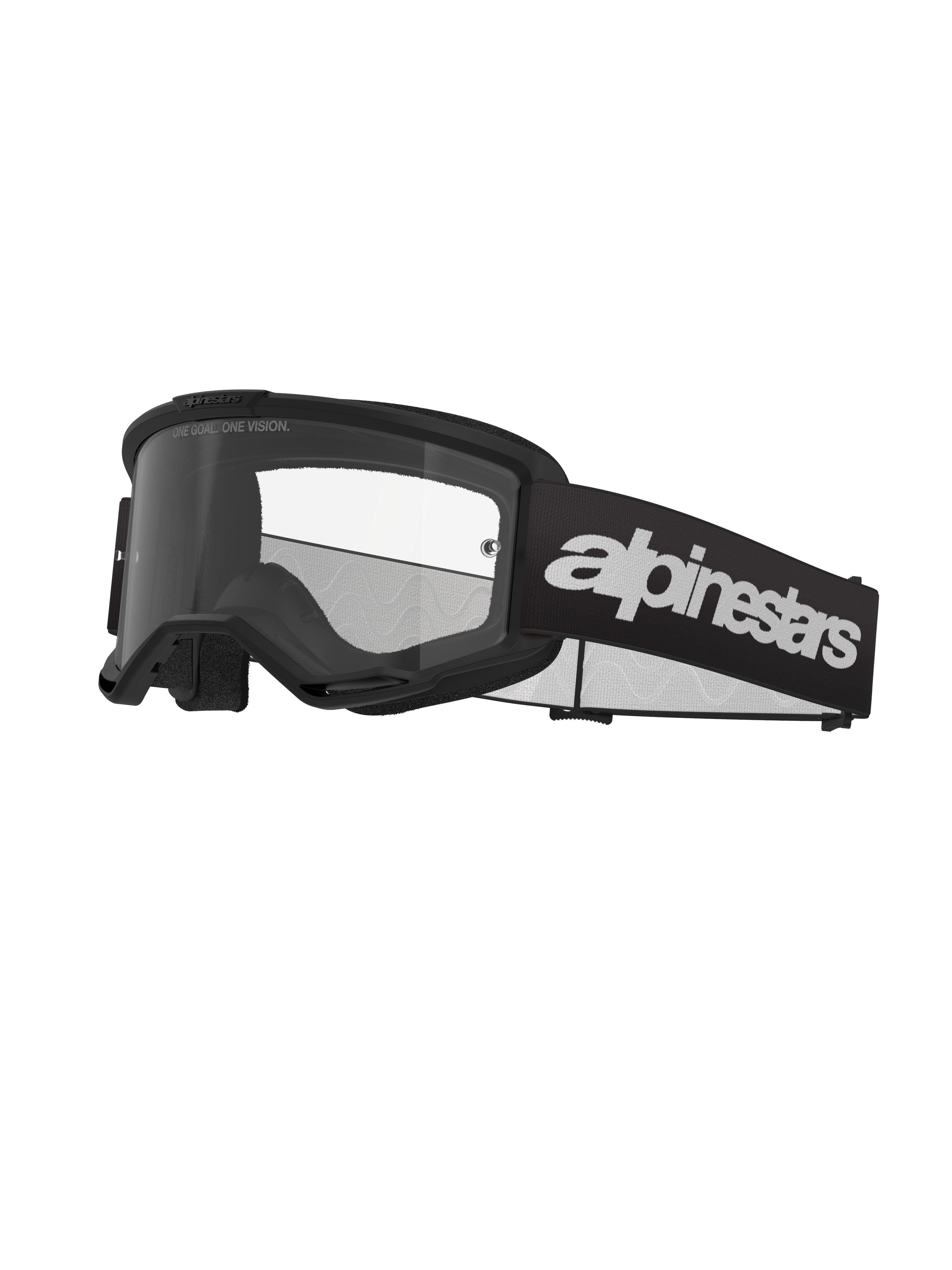Óculos Alpinestars Vision 3 Wordmark, óculos de motocross, pretos e transparentes, com marca Alpinestars branca em destaque na correia, lente transparente com o texto 'ONE GOAL. ONE VISION.' e design de armação minimalista