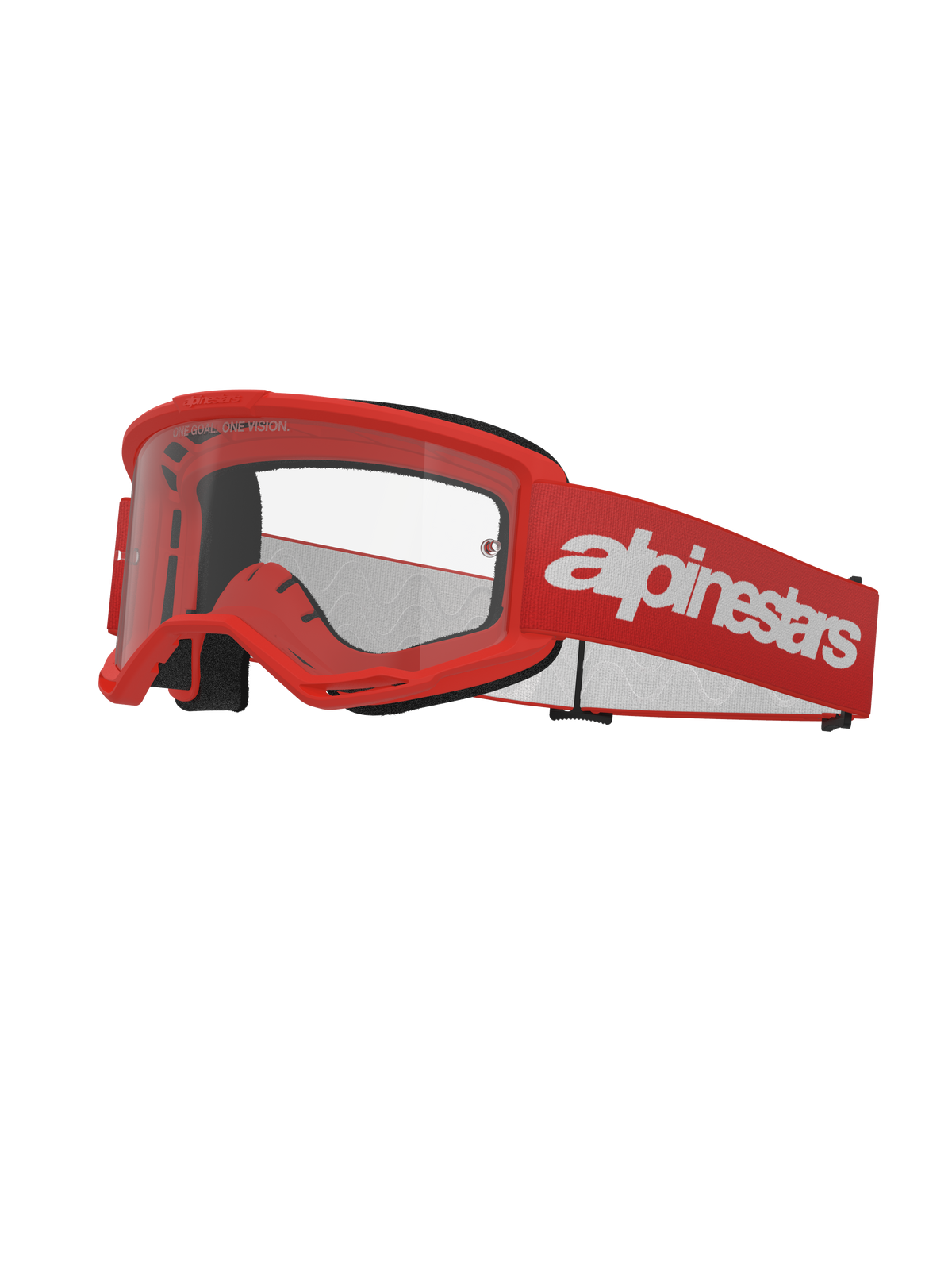 Alpinestars Vision 3 Wordmark Goggles, óculos de motocross, vermelhos e brancos, lente transparente, com correia larga vermelha com logótipo em letras brancas, acolchoamento em espuma preta e armação A-FLEX ventilada para corridas todo-o-terreno
