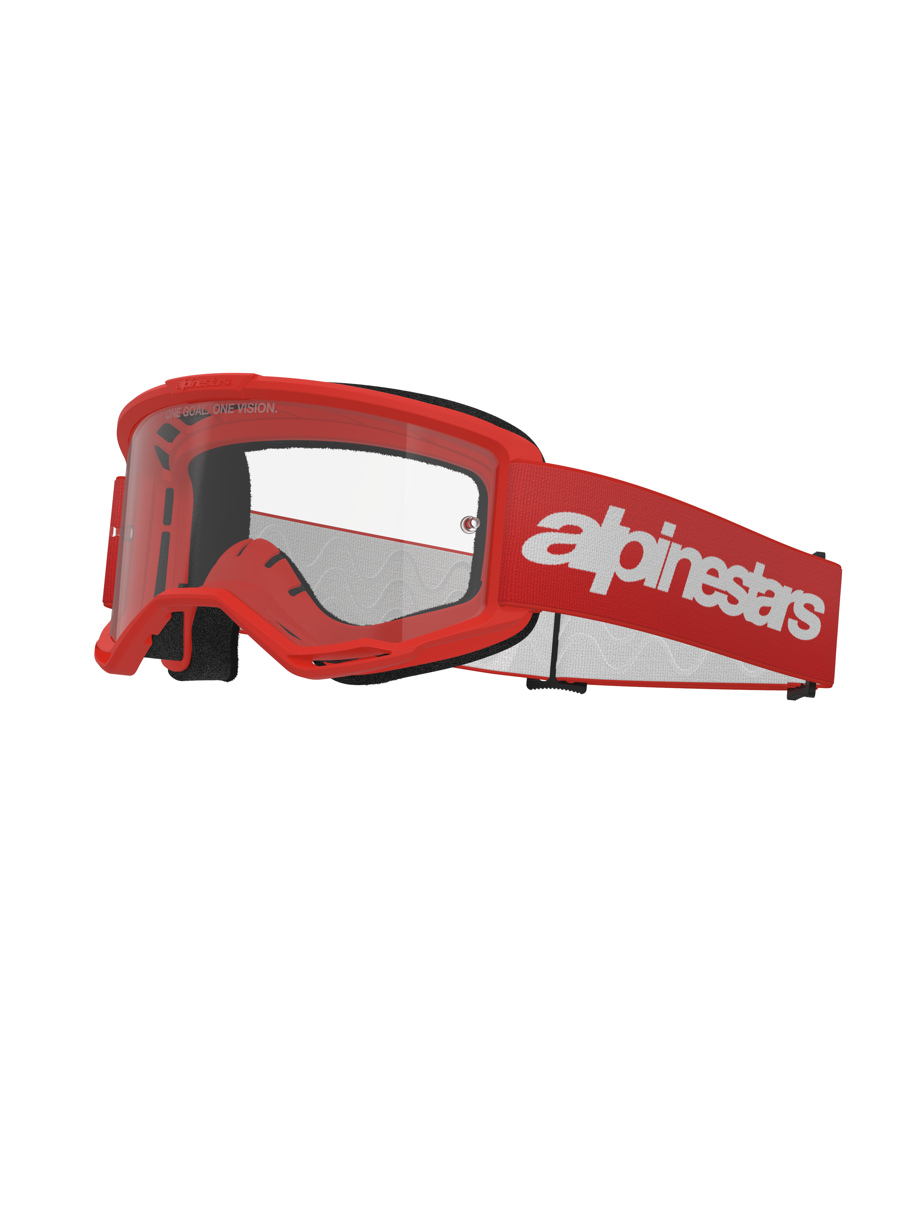Alpinestars Vision 3 Wordmark Goggles, Motocross Goggles, Red and White, Clear Lens, featuring a wide red strap with bold white wordmark branding, black foam padding, and a ventilated A-FLEX frame for off-road racing.