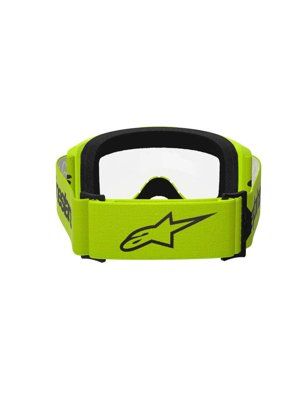 Alpinestars Vision 3 Wordmark Goggles, óculos de motocross, amarelo fluo com lente transparente, vista traseira mostrando correia larga amarela com logótipo Alpinestars preto, interior em espuma preta, design durável para corridas todo-o-terreno