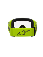 Alpinestars Vision 3 Wordmark Goggles, óculos de motocross, amarelo fluo com lente transparente, vista traseira mostrando correia larga amarela com logótipo Alpinestars preto, interior em espuma preta, design durável para corridas todo-o-terreno