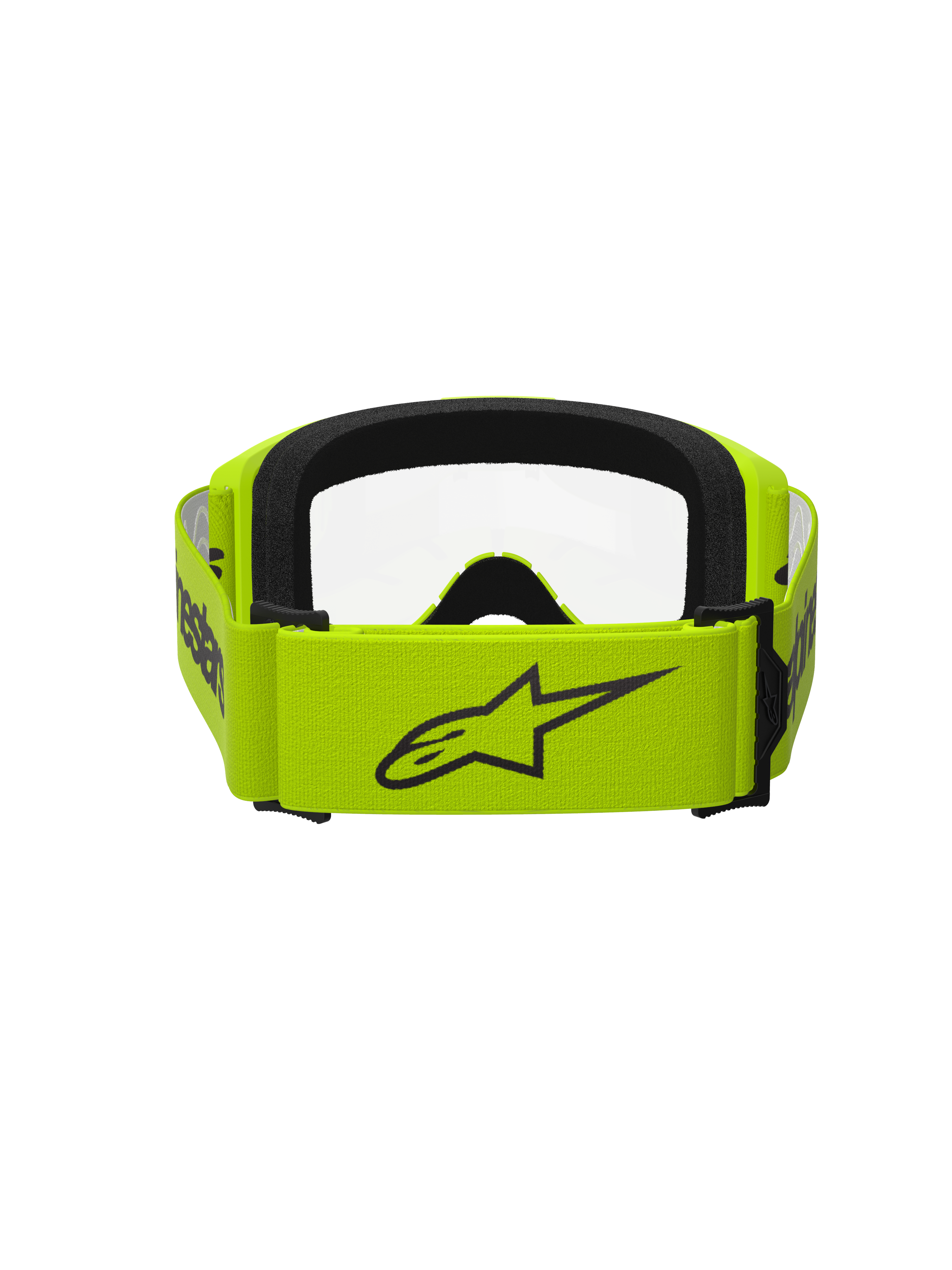 Alpinestars Vision 3 Wordmark Goggles, óculos de motocross, amarelo fluo com lente transparente, vista traseira mostrando correia larga amarela com logótipo Alpinestars preto, interior em espuma preta, design durável para corridas todo-o-terreno